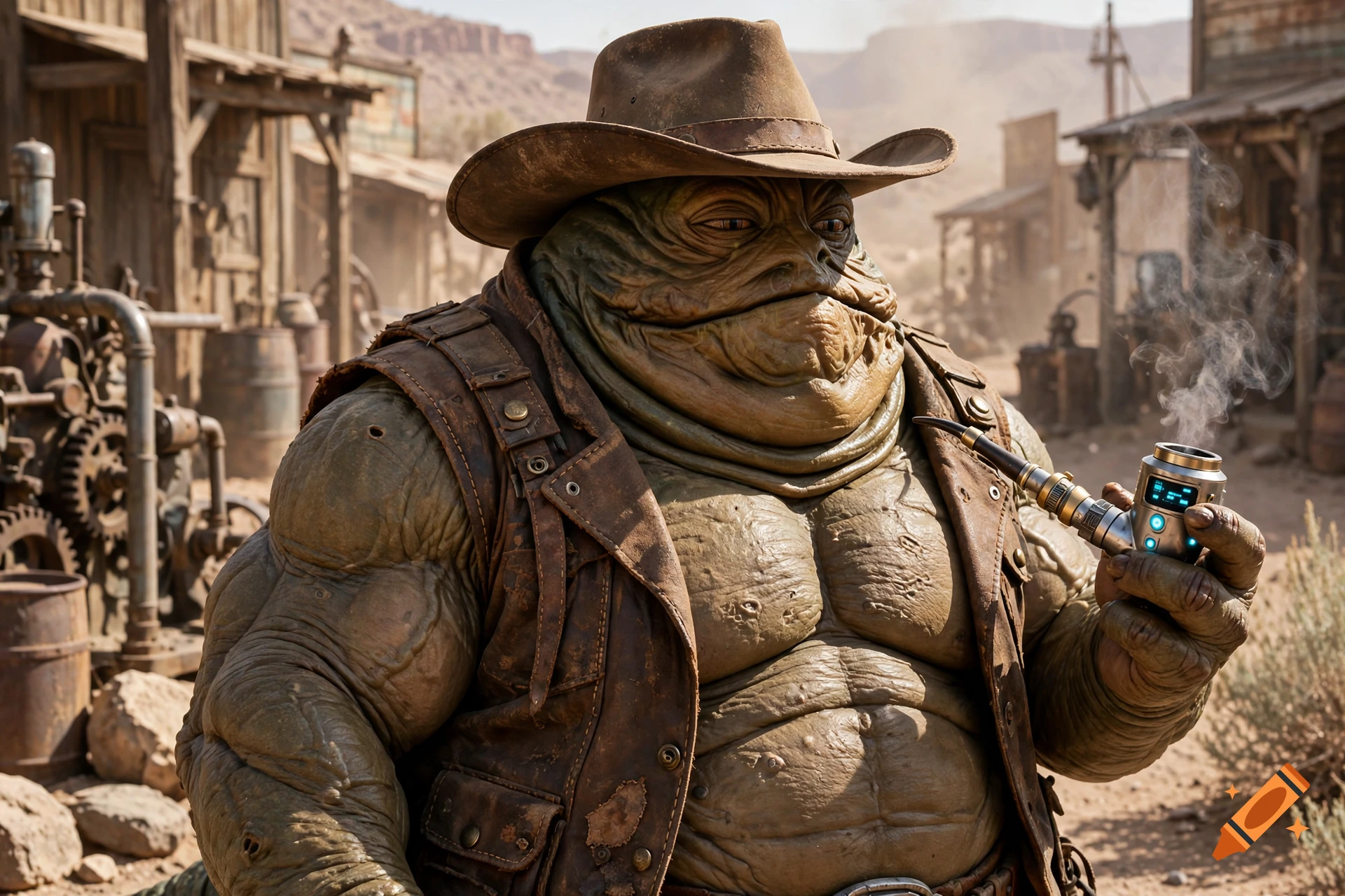 Photorealistic image of a muscular Hutt wearing a cowboy hat and vest, smoking a futuristic pipe in a dusty western town.