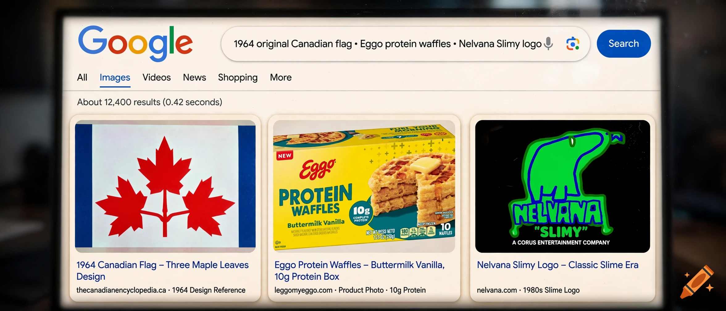 A simulated Google search results page showing images of a 1964 Canadian flag, Eggo protein waffles, and Nelvana Slimy logo.