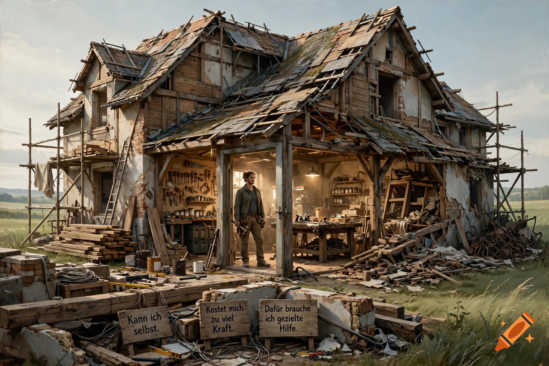 Photorealistic scene of a rustic, partially dilapidated house under repair, with a person standing in the doorway and small signs in German in the foreground.