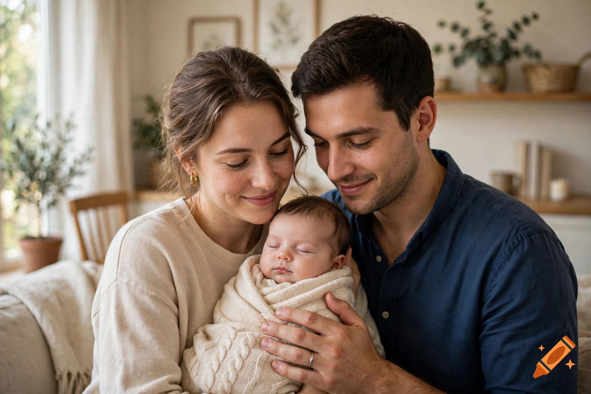 Photorealistic close-up of a smiling young couple holding a sleeping newborn baby wrapped in a knitted blanket.