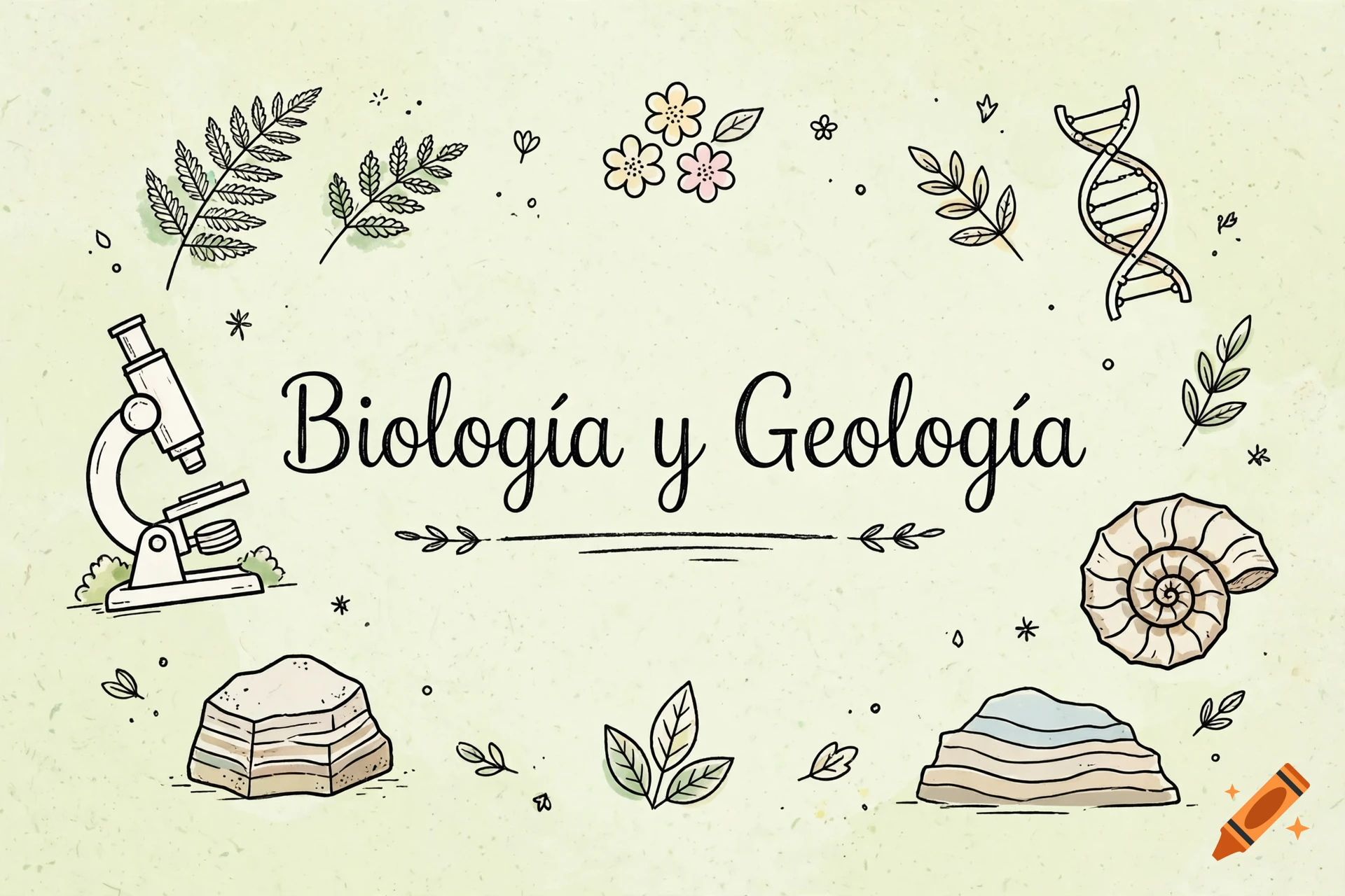 Hand-drawn style illustration of biology and geology elements with a microscope, DNA strand, and fossils on light green paper background.