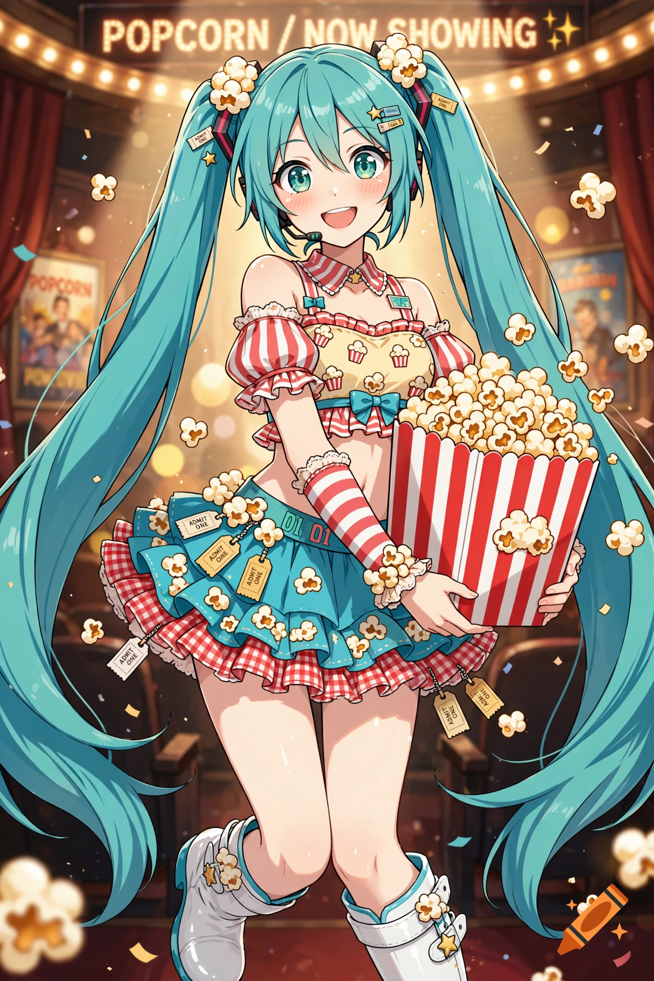 Anime style illustration of Hatsune Miku holding a large bucket of popcorn in a movie theater.