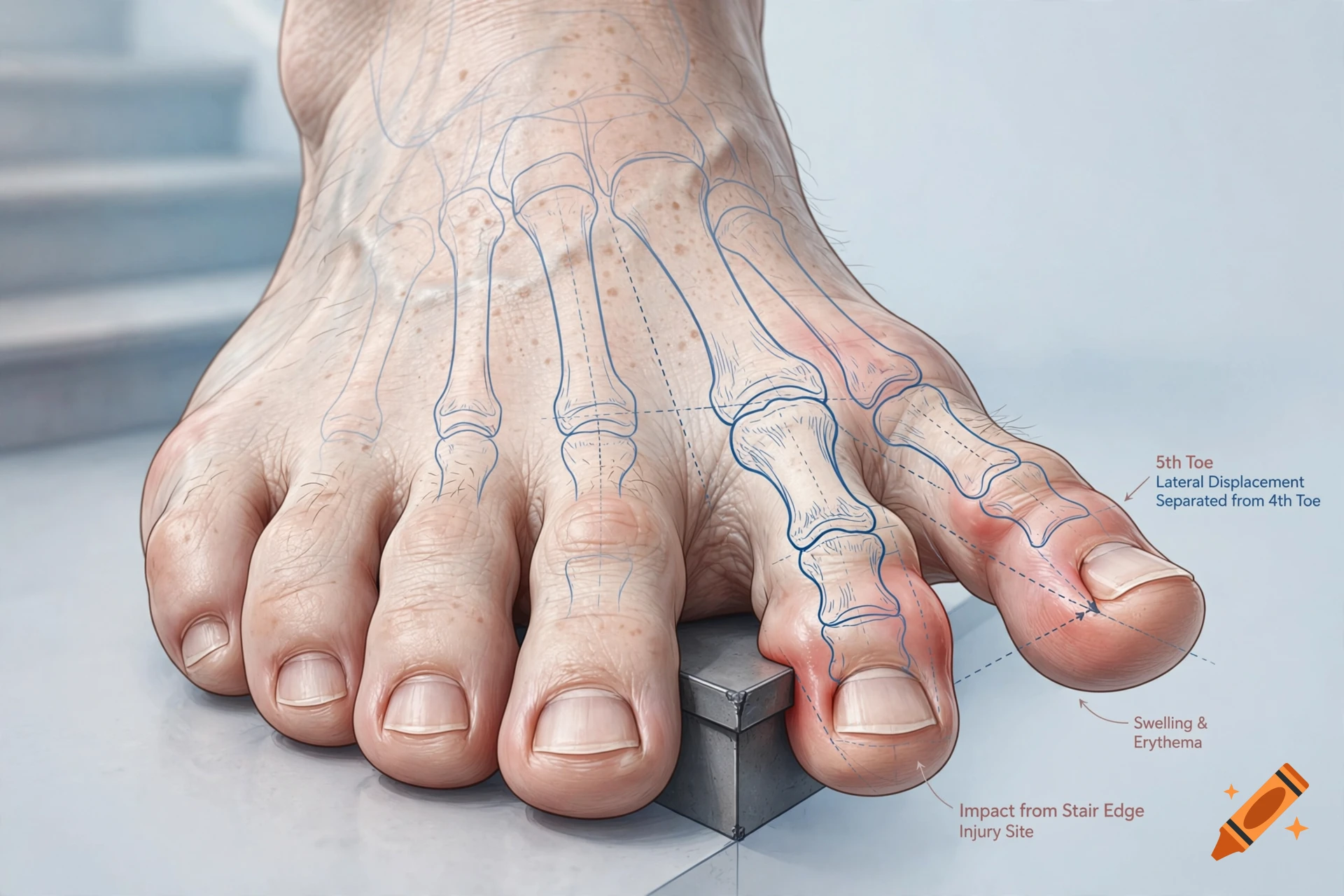 Medical illustration of a human foot with a toe injury, showing skeletal overlays and explanatory text labels.