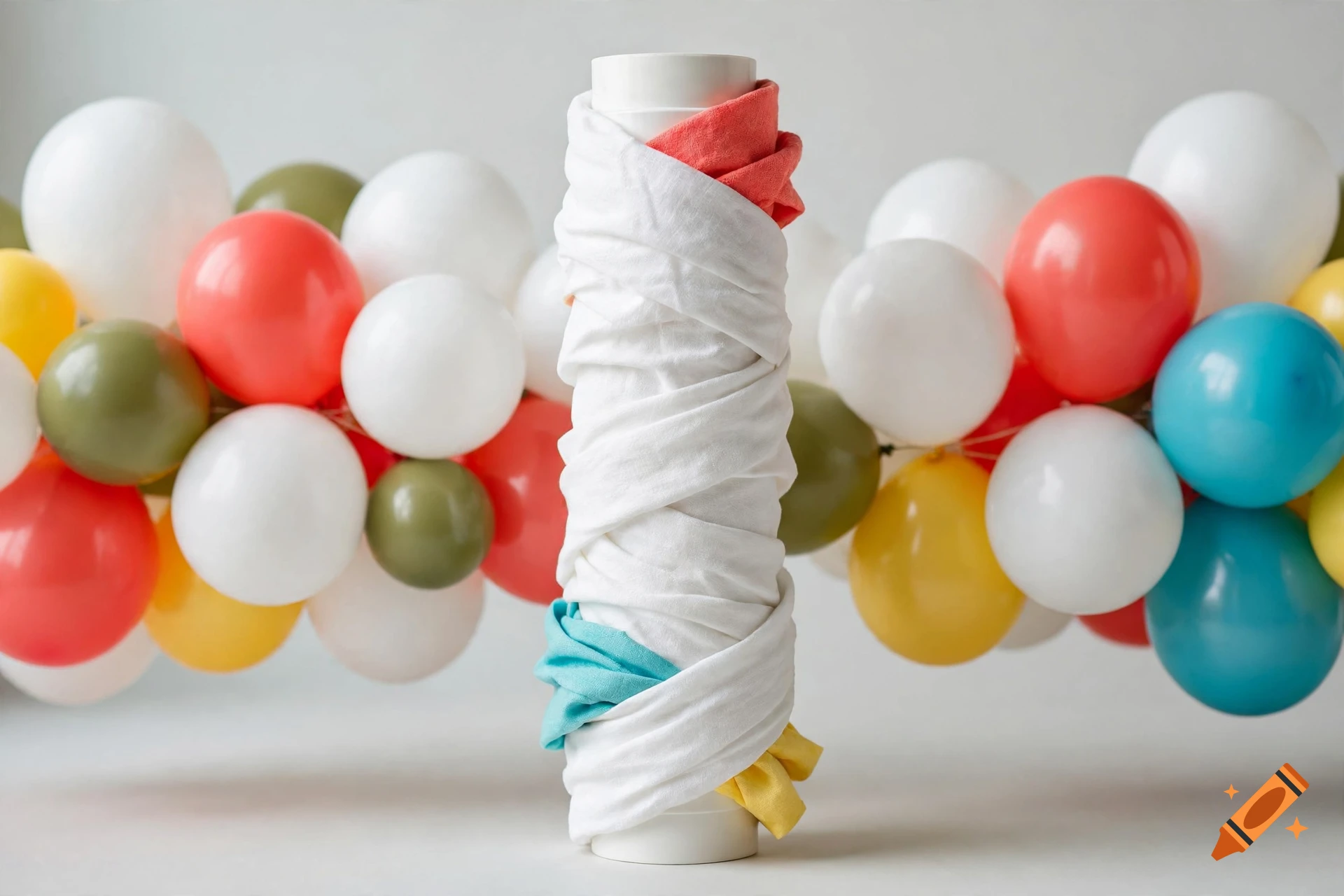 A white cylindrical tube wrapped in white and colorful fabric, flanked by arches of white, red, green, yellow, and blue balloons against a light background.