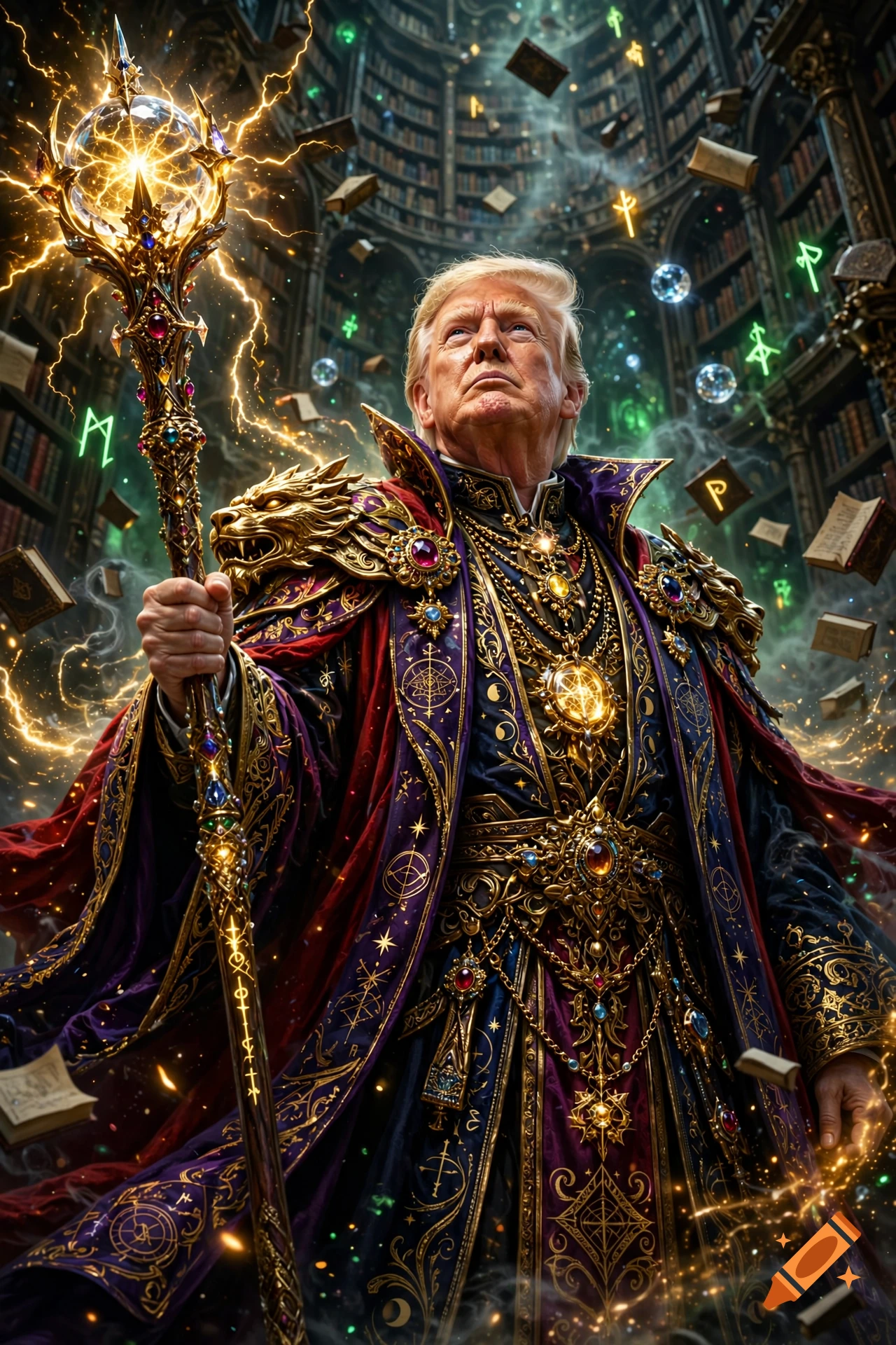 Digital painting of Donald Trump as a fantasy wizard in ornate purple and gold robes holding a glowing staff inside a magical library.