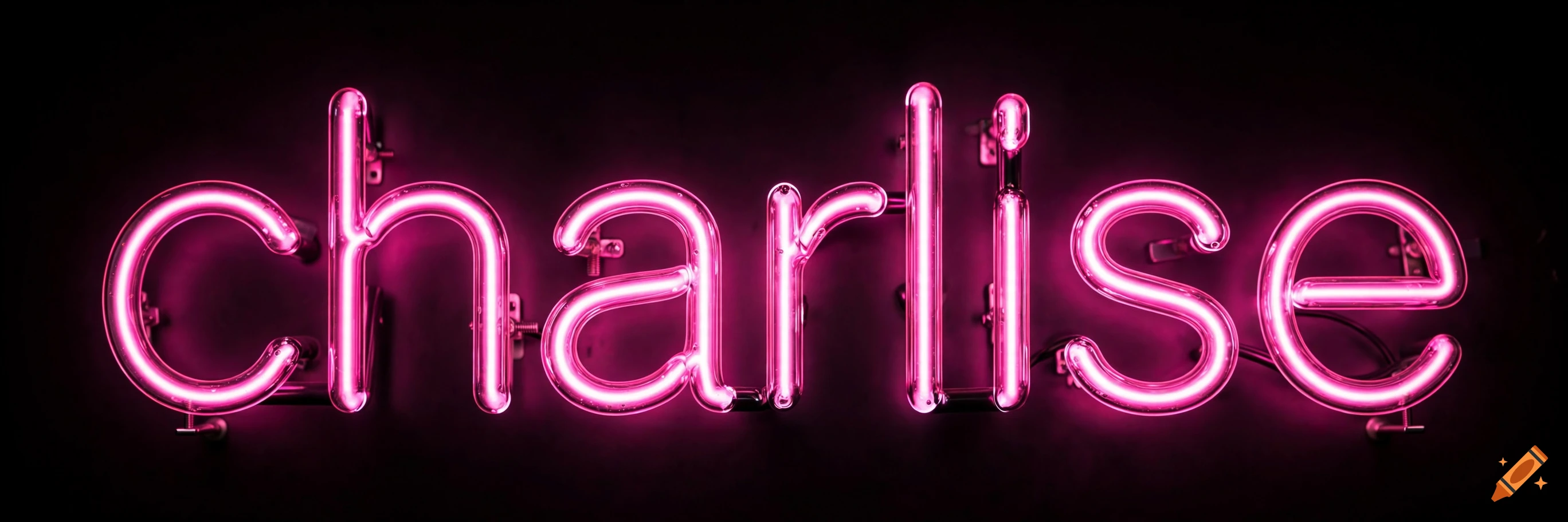 Bright pink neon sign spelling the word 'charlise' mounted on a dark wall.