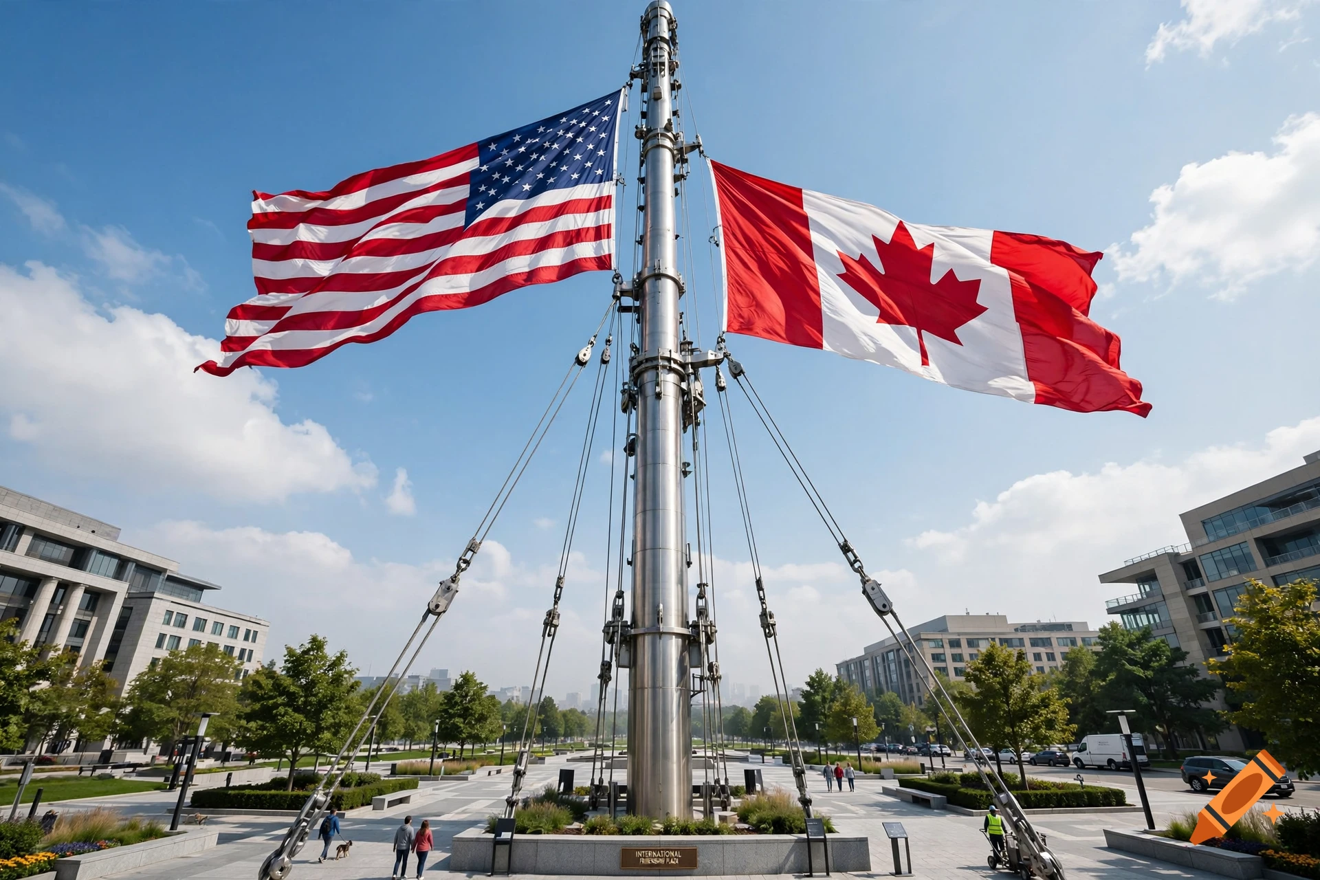 Photorealistic image of a tall flagpole with large American and Canadian flags flying in a public plaza.