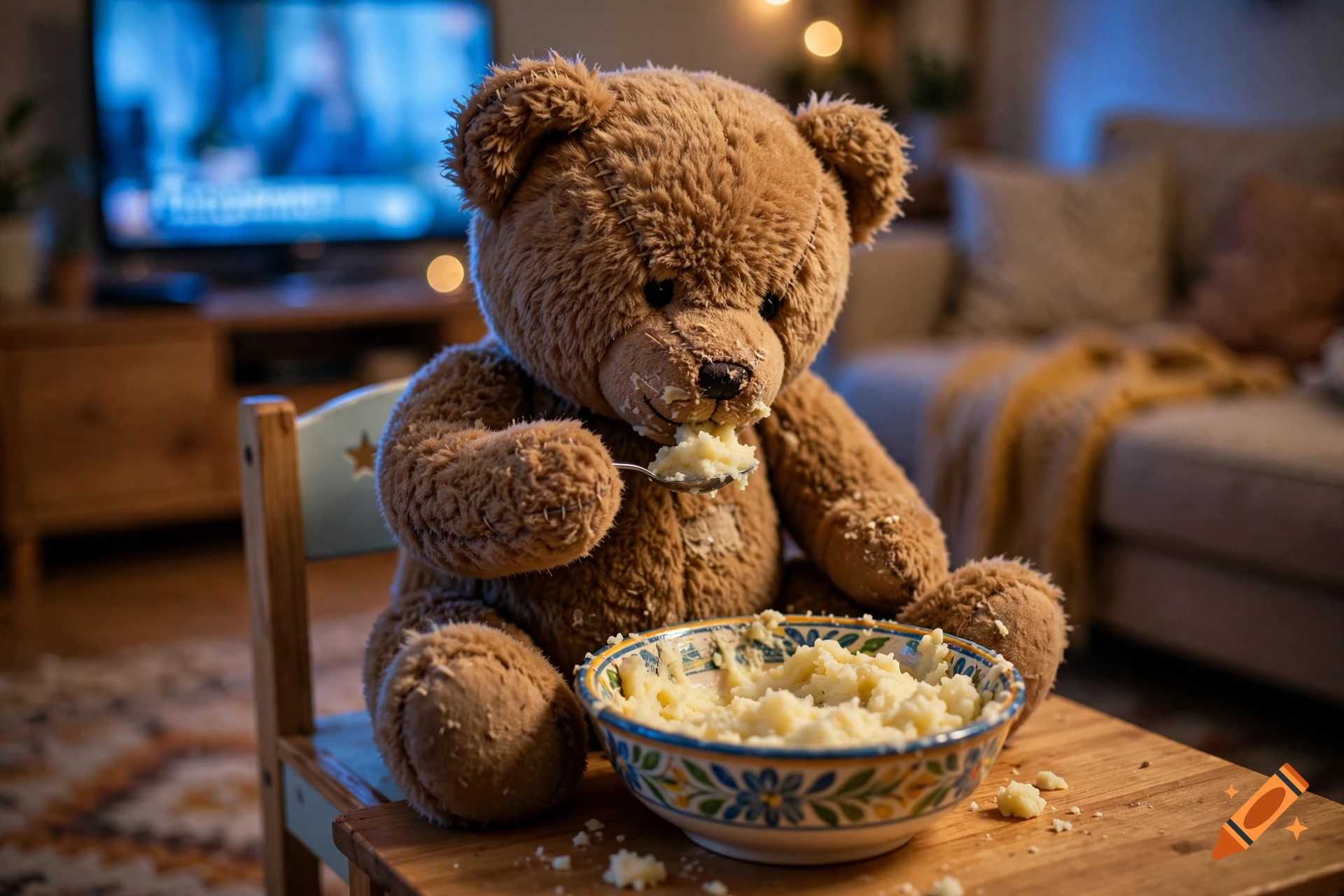Photorealistic image of a brown teddy bear sitting at a wooden table, eating mashed potatoes with a spoon.