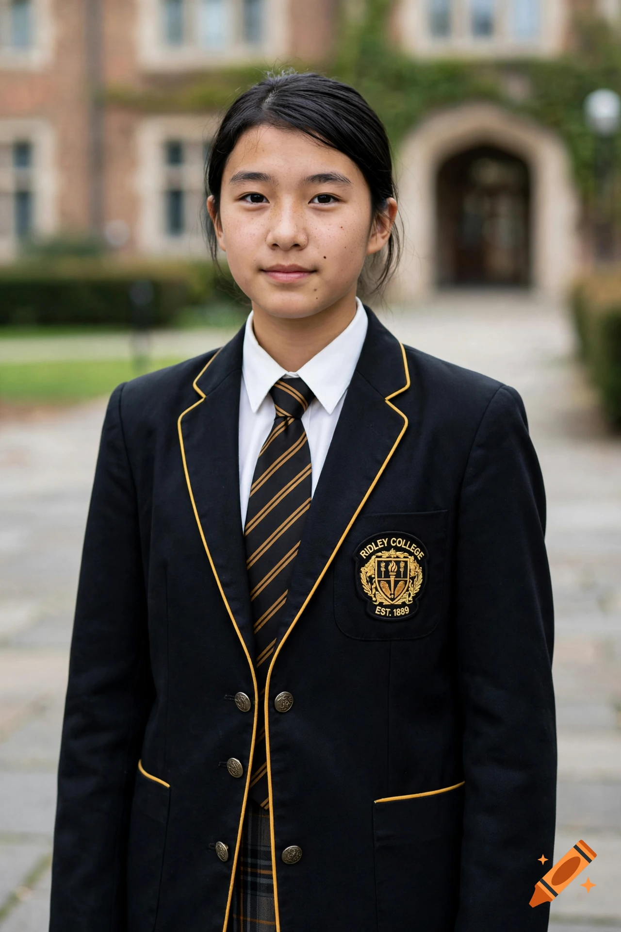 Photorealistic portrait of a young Chinese girl in a formal school uniform with a blazer and tie, standing outside a brick school building.