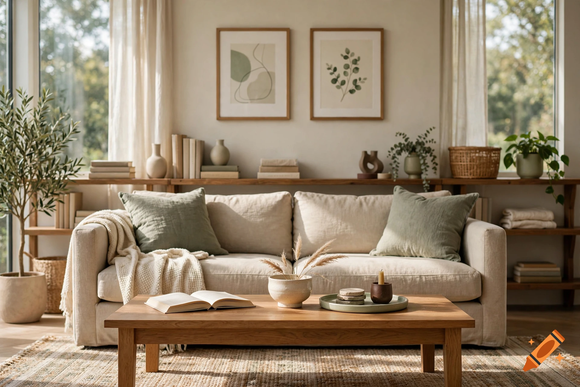 Photorealistic living room interior with a beige sofa, wooden coffee table, decorative pillows, and framed art on the wall.