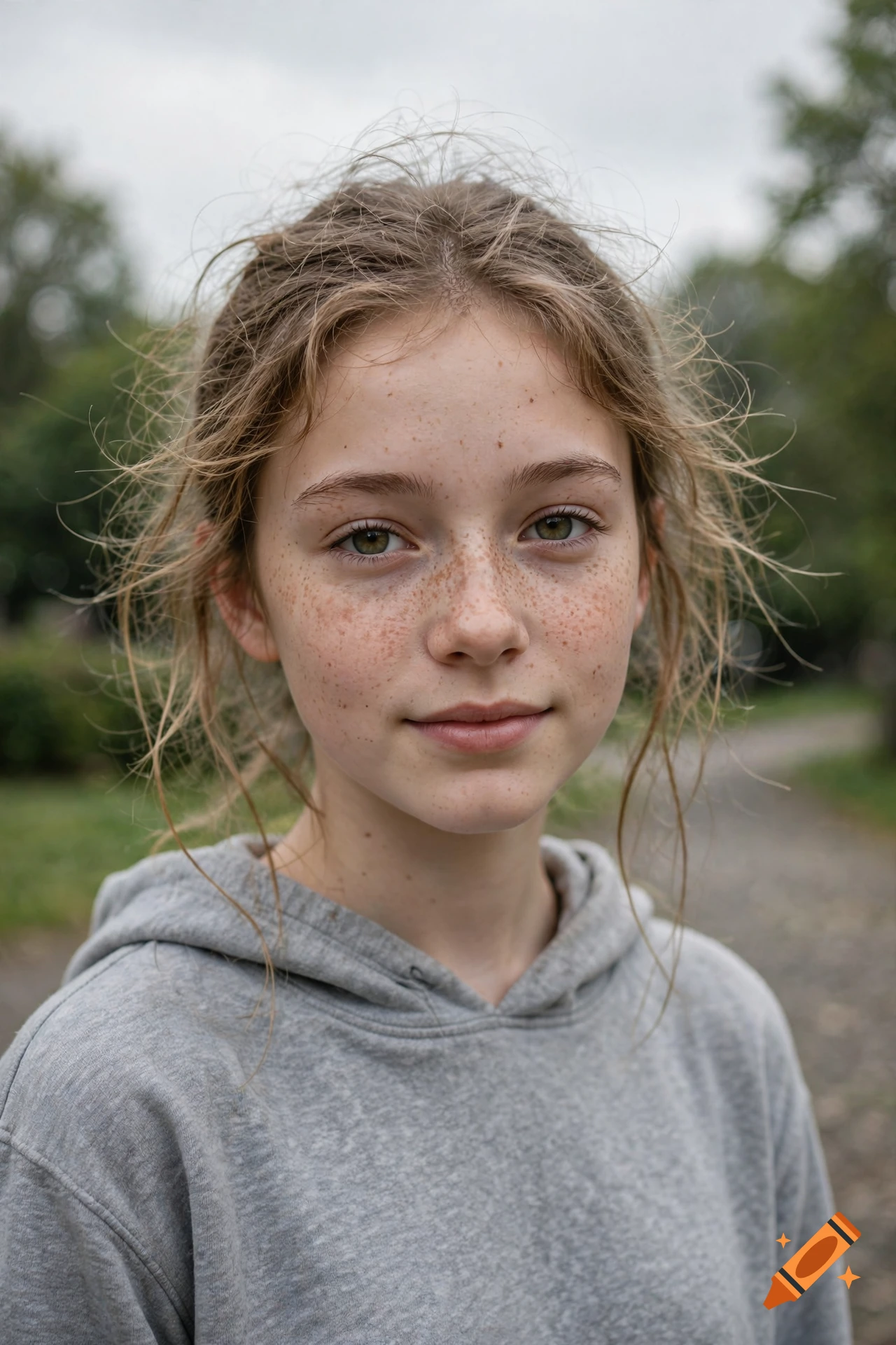 Close-up photorealistic portrait of a young teenage girl with freckles and messy hair wearing a grey hoodie in an outdoor setting.