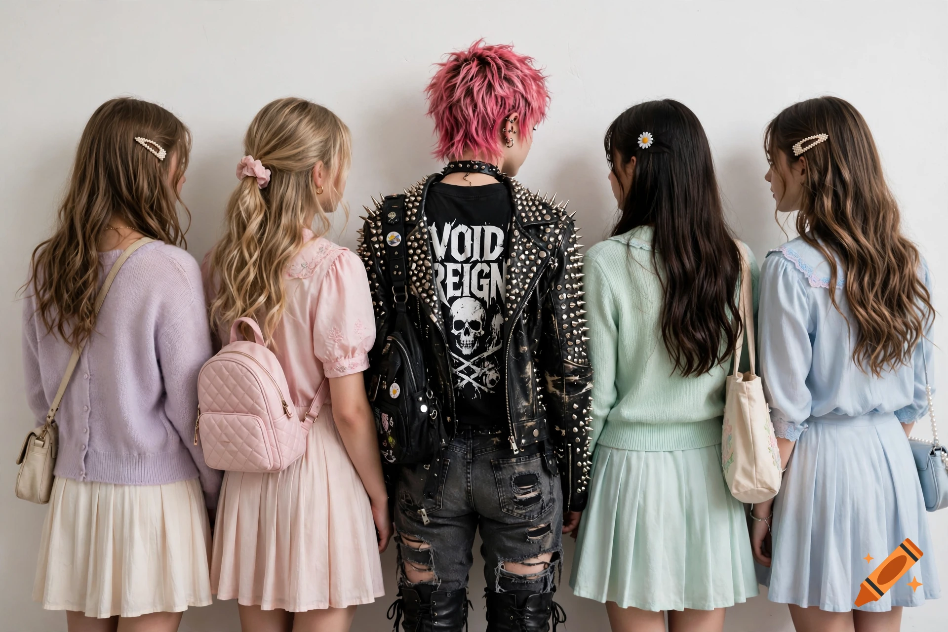 Rear view of five teenage girls standing against a white wall, four dressed in pastel outfits and one in a punk style with pink hair.