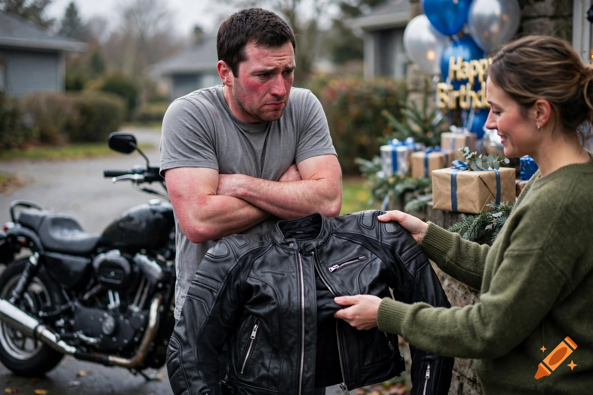 A woman gifting a leather jacket to a cold man outdoors next to a motorcycle and birthday decorations, photorealistic.