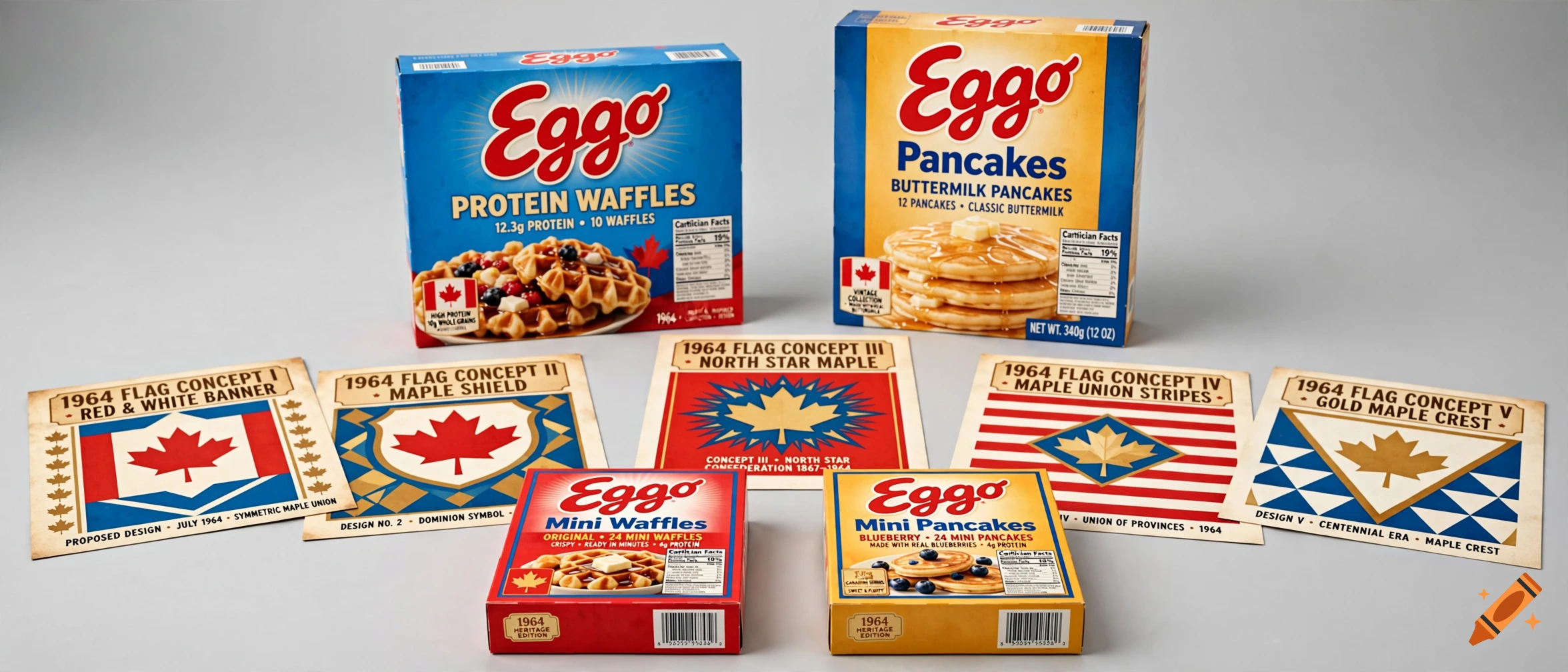 Eggo waffle and pancake boxes alongside 1964 Canadian flag concept design prints on a grey surface.