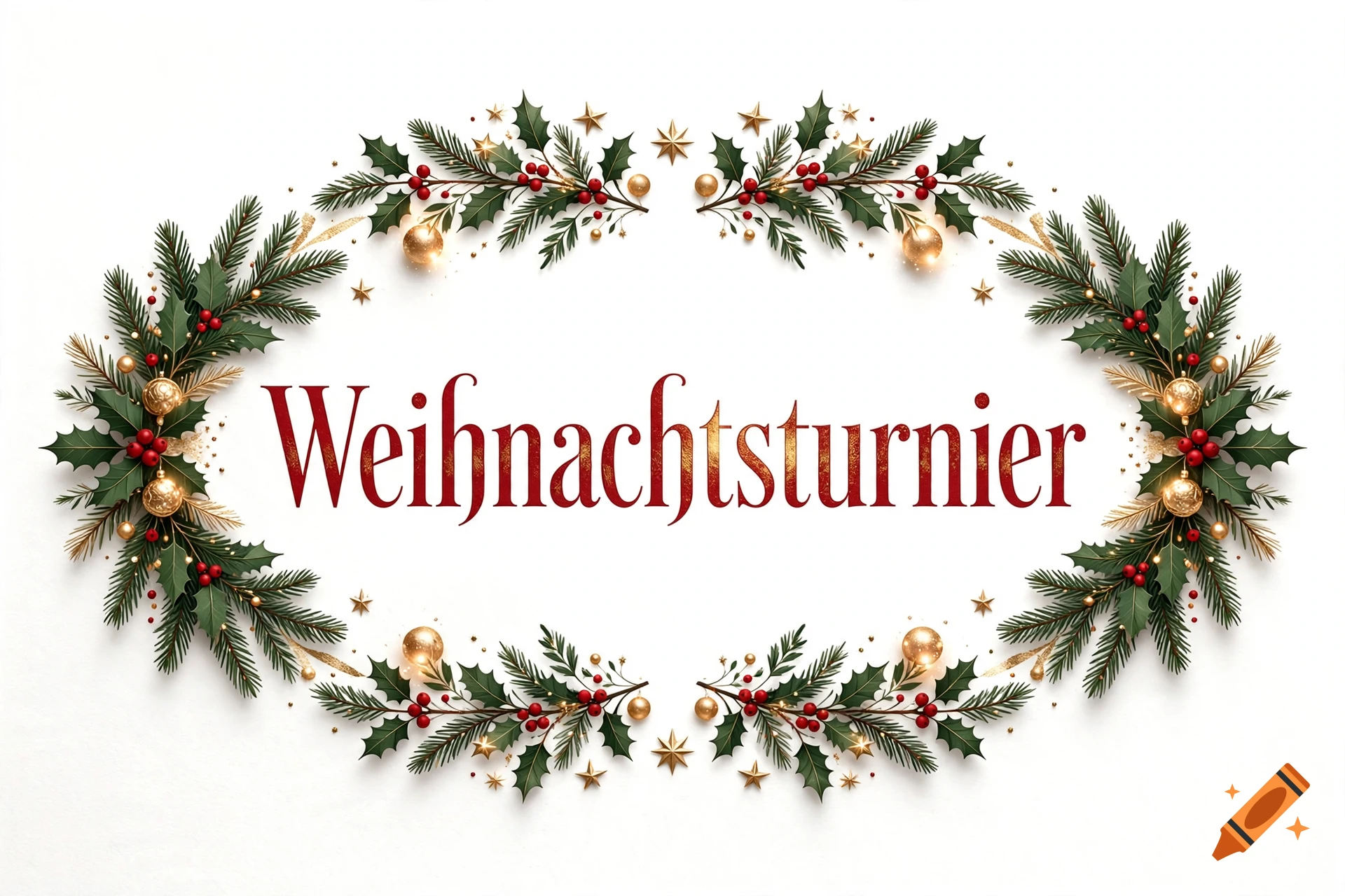 An oval-shaped holiday frame composed of evergreen branches, red berries, and gold ornaments, with the text Weihnachtsturnier in the center.