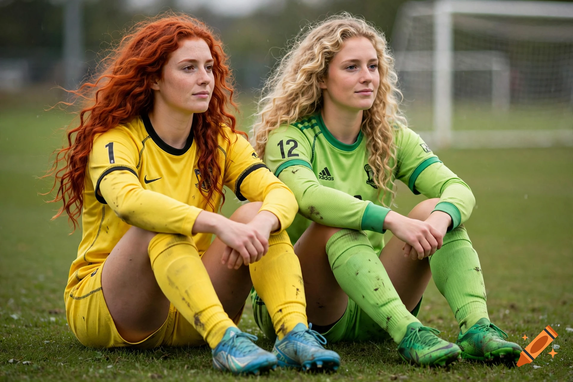 Photorealistic image of two female soccer goalkeepers with long curly hair, one red-haired in yellow and one blonde in green, sitting on a grass field.