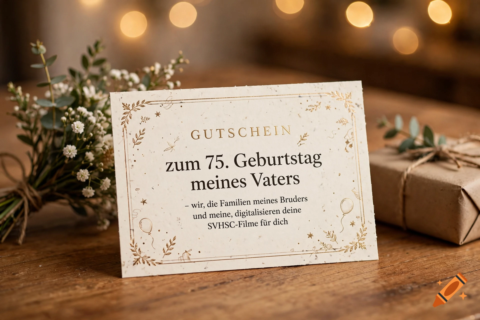A decorative 75th birthday greeting card for a father, placed on a wooden table with flowers and a wrapped gift.