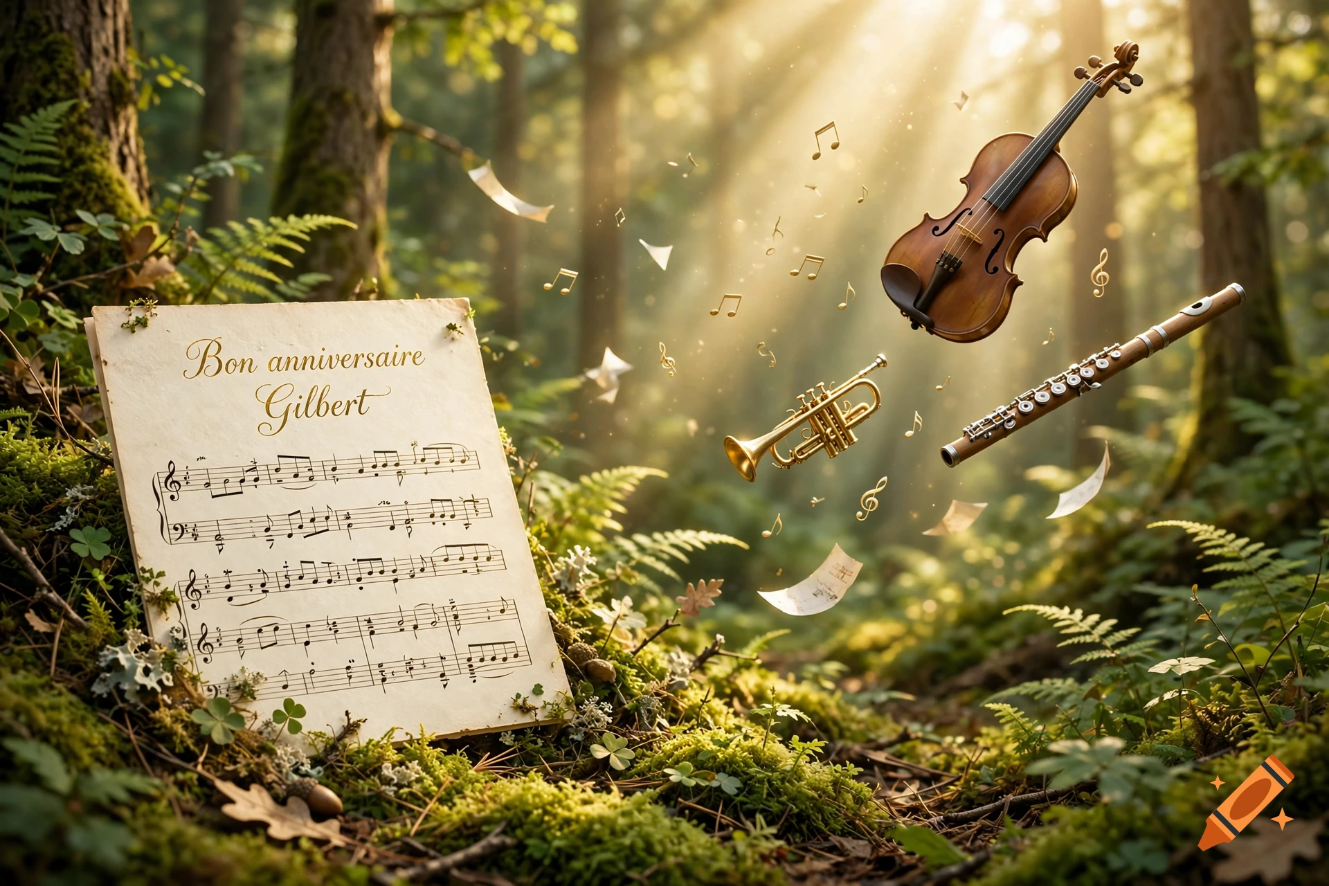 Musical score sheet with 'Bon anniversaire Gilbert' text, violin, flute, and trumpet floating in a luminous forest.