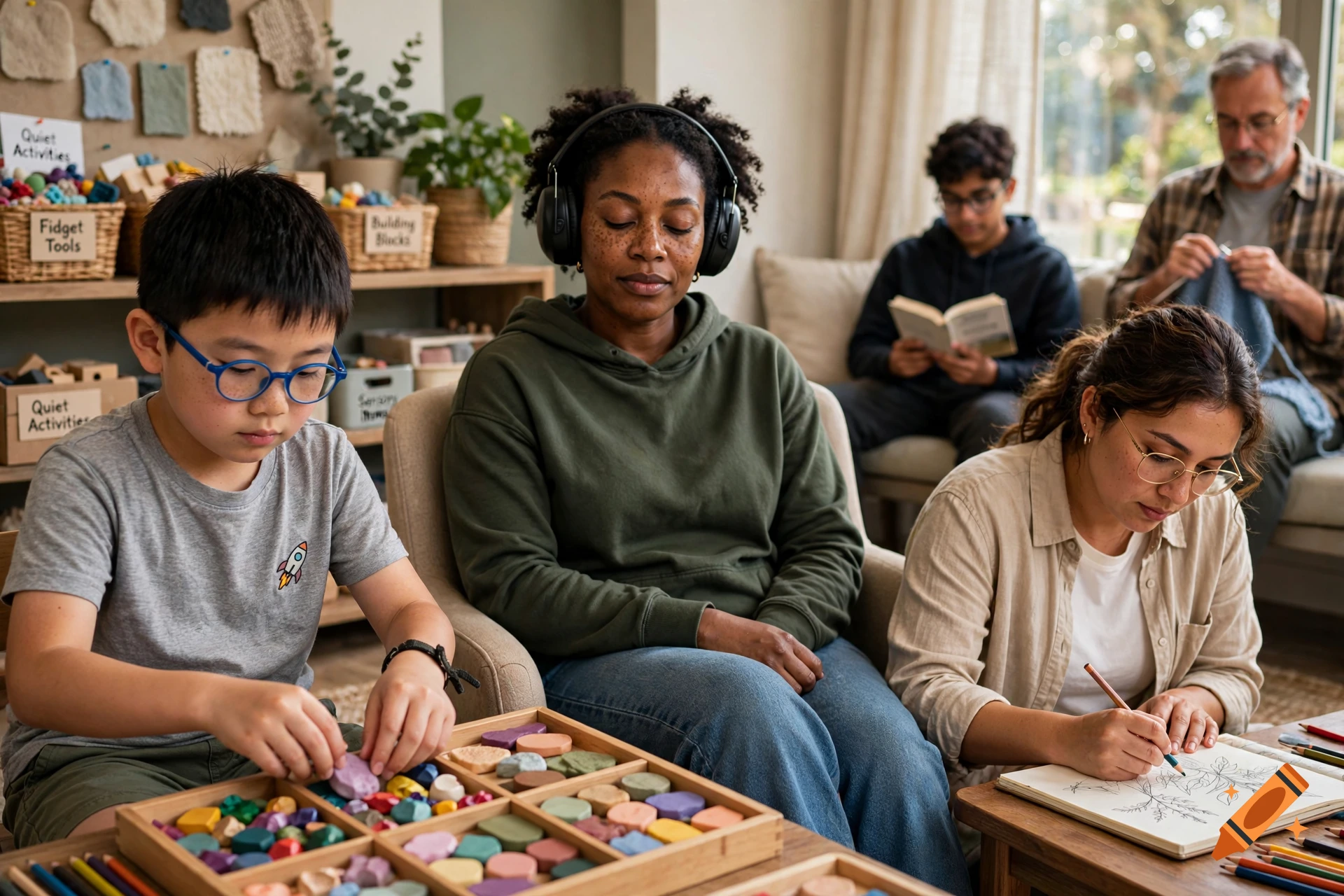 Diverse group of people engaged in various activities like sorting shapes, drawing, reading, and knitting in a bright room.