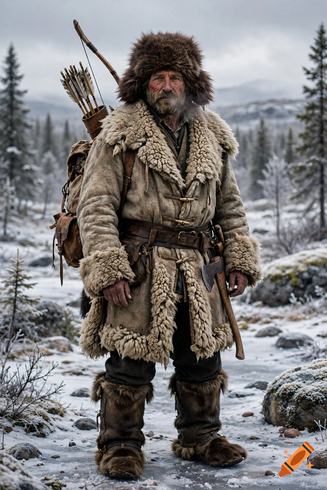 Photorealistic full-body portrait of a 1830s trapper in a snowy forest wearing fur clothing, wolverine hat, and sheepskin greatcoat, carrying a backpack, bow, and axe.