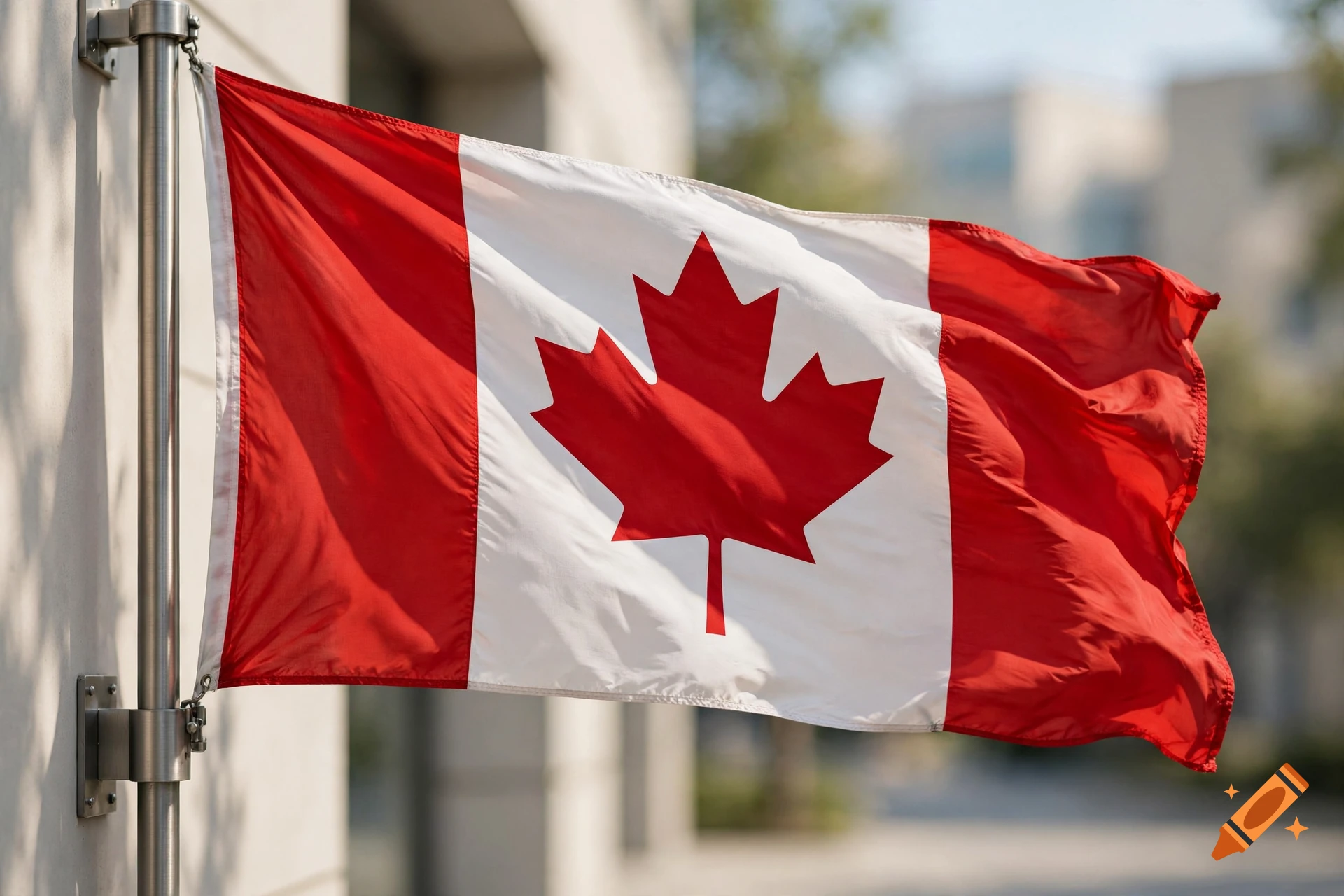 Photorealistic Canadian flag waving proudly on a silver flagpole attached to a building exterior.