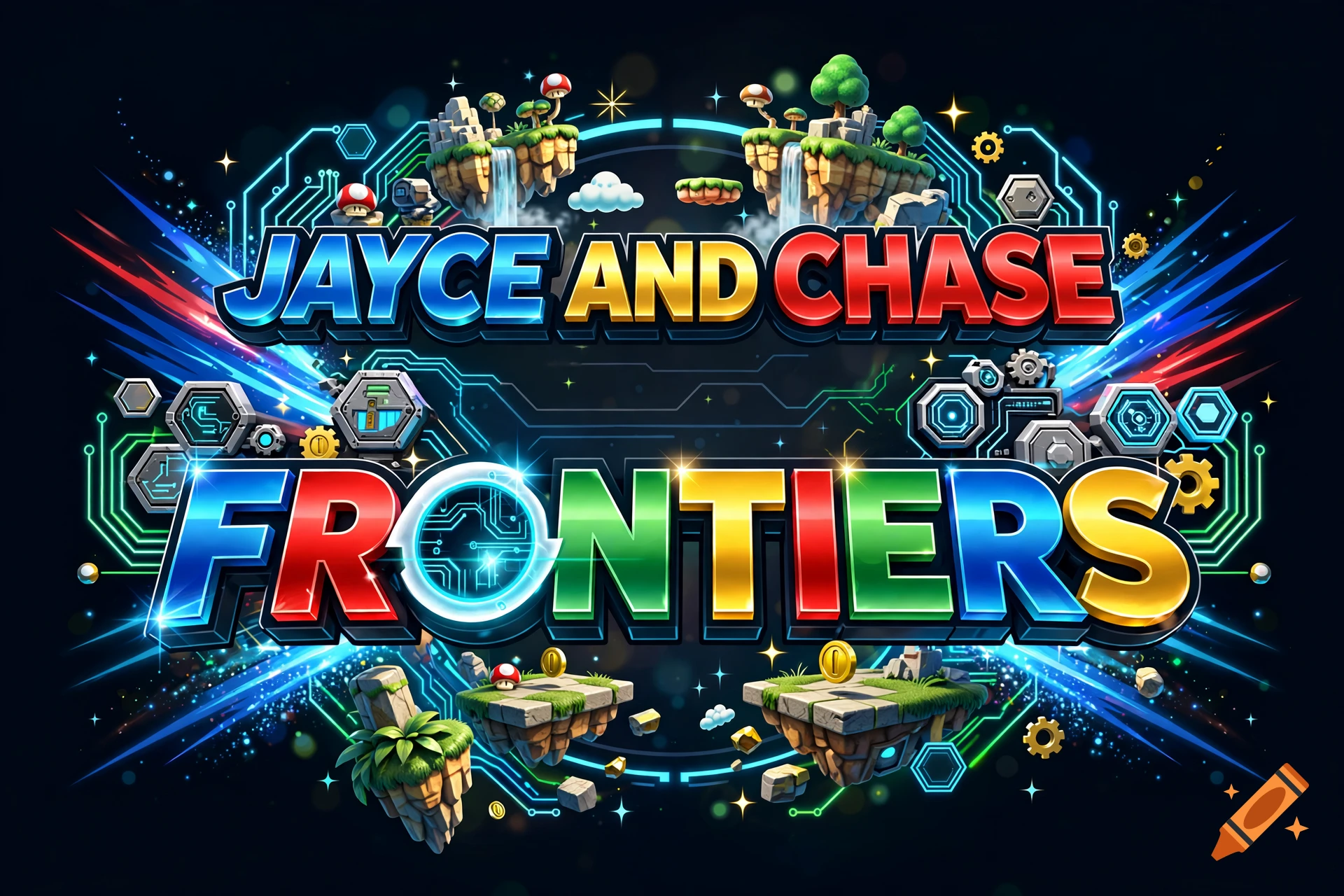 Vibrant 3D video game logo featuring the text 'JAYCE AND CHASE' and 'FRONTIERS' surrounded by floating islands, gears, and glowing circuits.