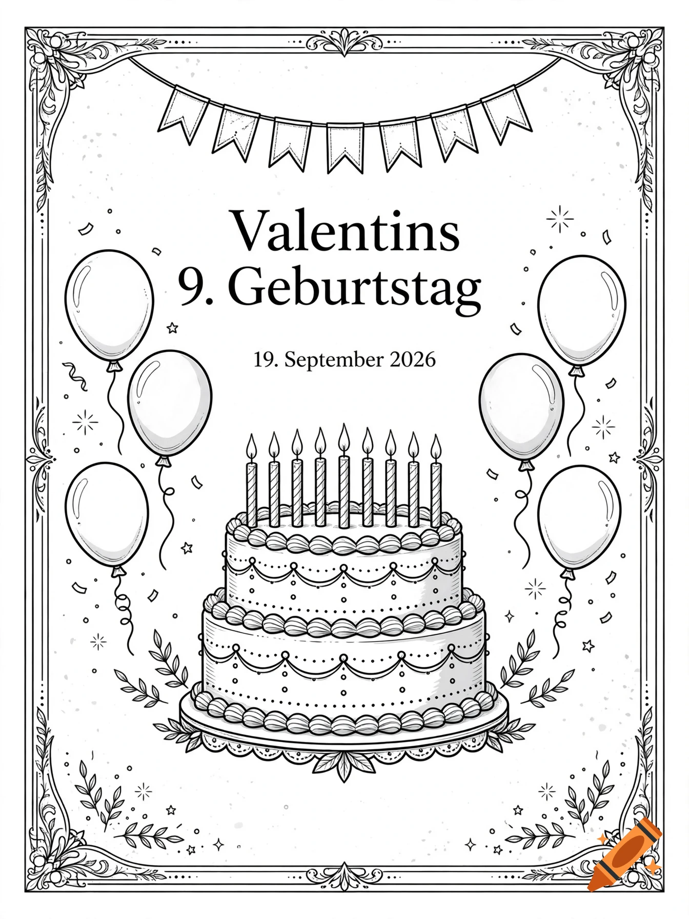 Black and white coloring page style birthday card with a multi-tiered cake, balloons, banners, and German text reading 'Valentins 9. Geburtstag'.