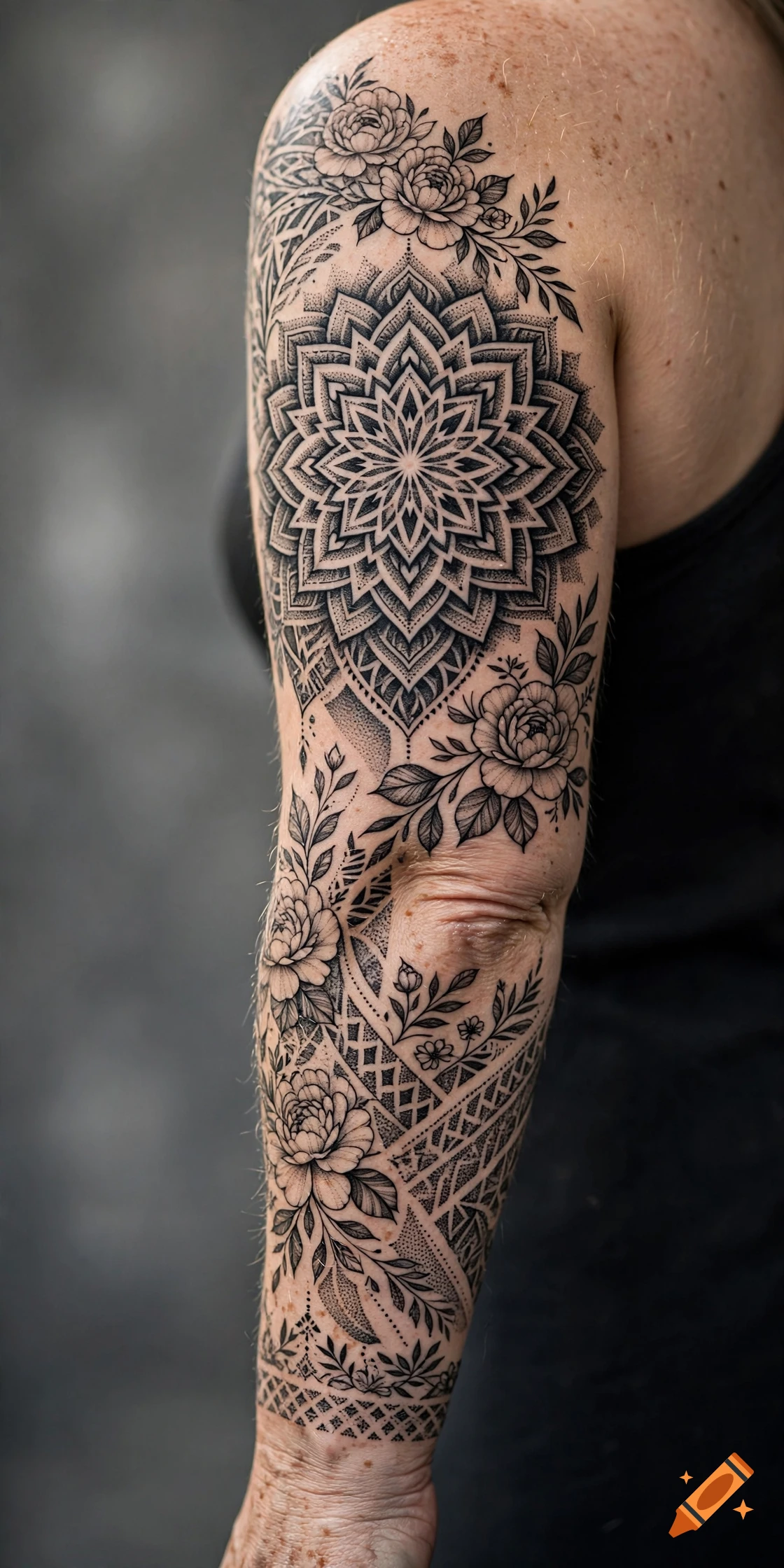 Close-up of a woman's arm with an intricate black and grey full-sleeve tattoo featuring a mandala and floral patterns.