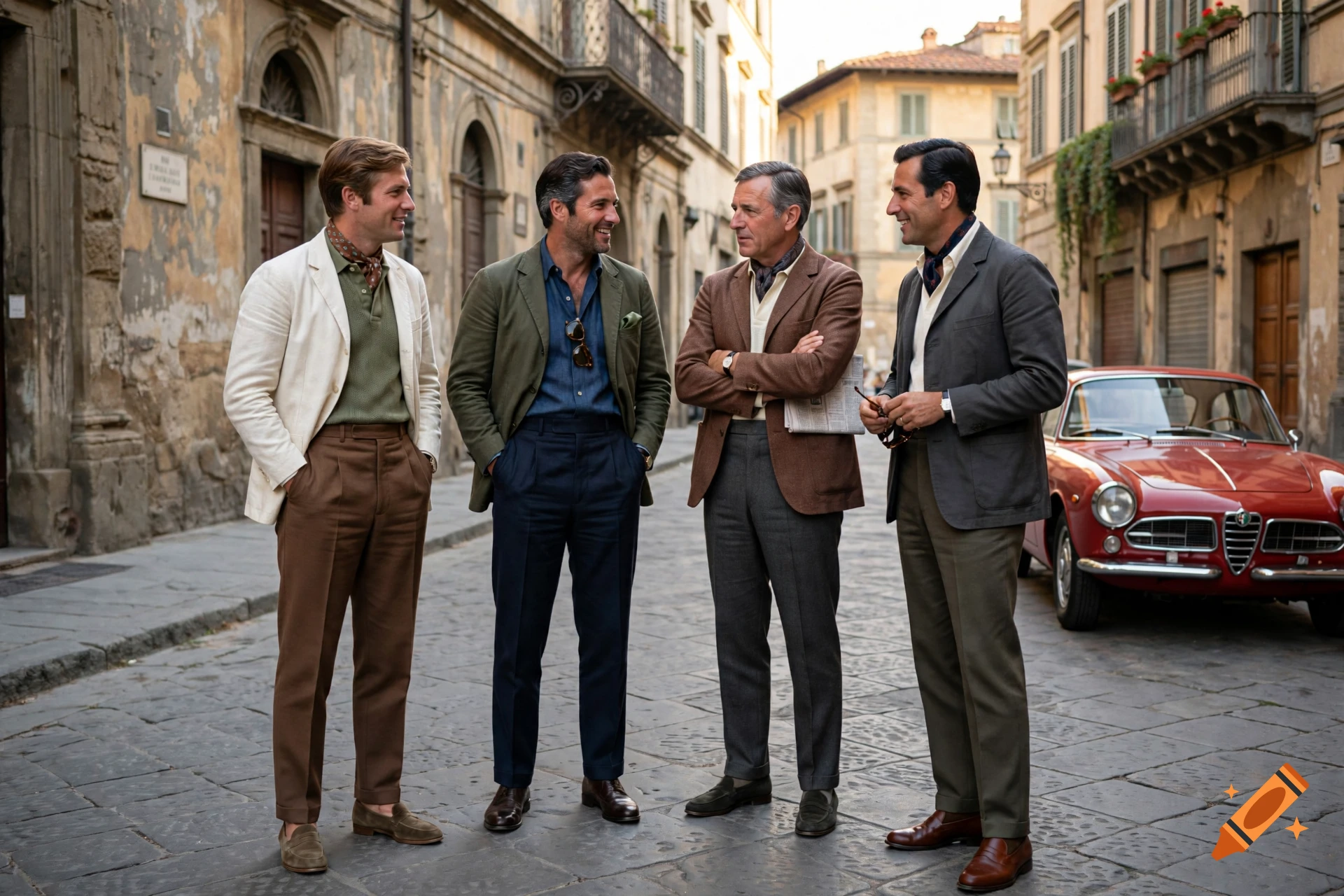 Four well-dressed men stand and converse on an old European cobblestone street next to a parked vintage red car.