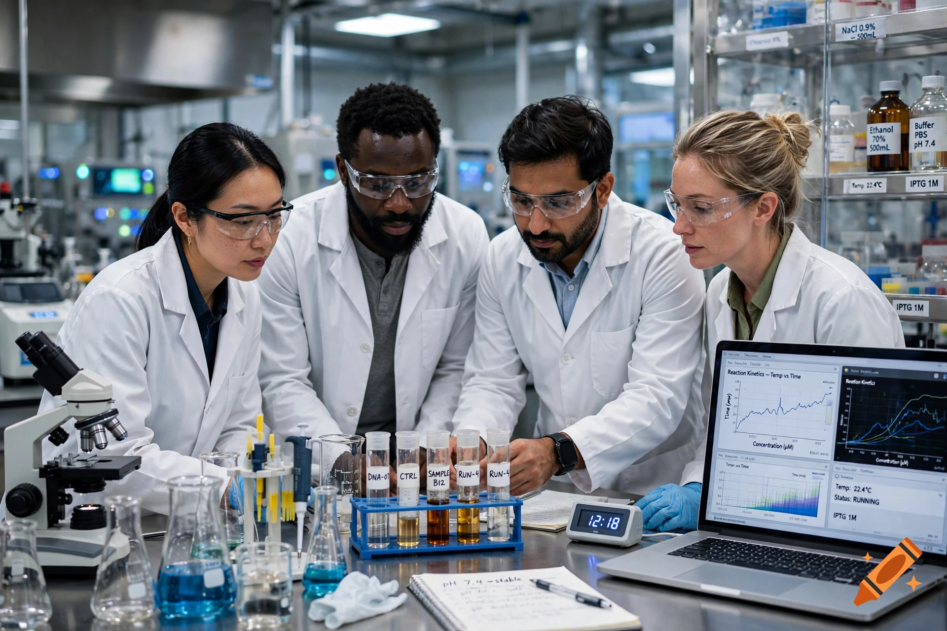 Four diverse scientists in lab coats and safety glasses working in a laboratory, looking at test tubes and a laptop.