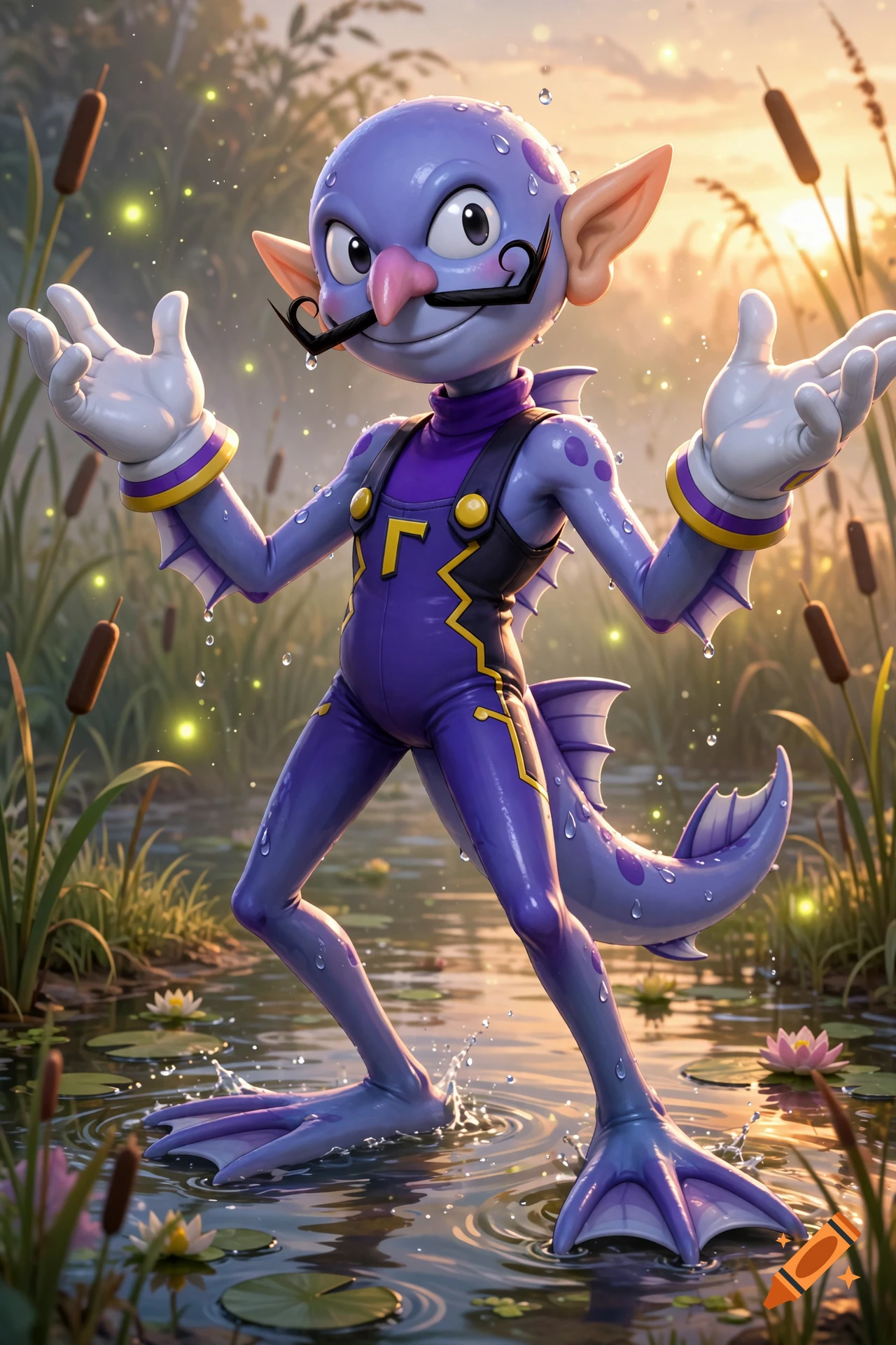 Digital 3D render of a purple creature with a mustache, webbed feet, and a tail, standing in a swamp at sunset.