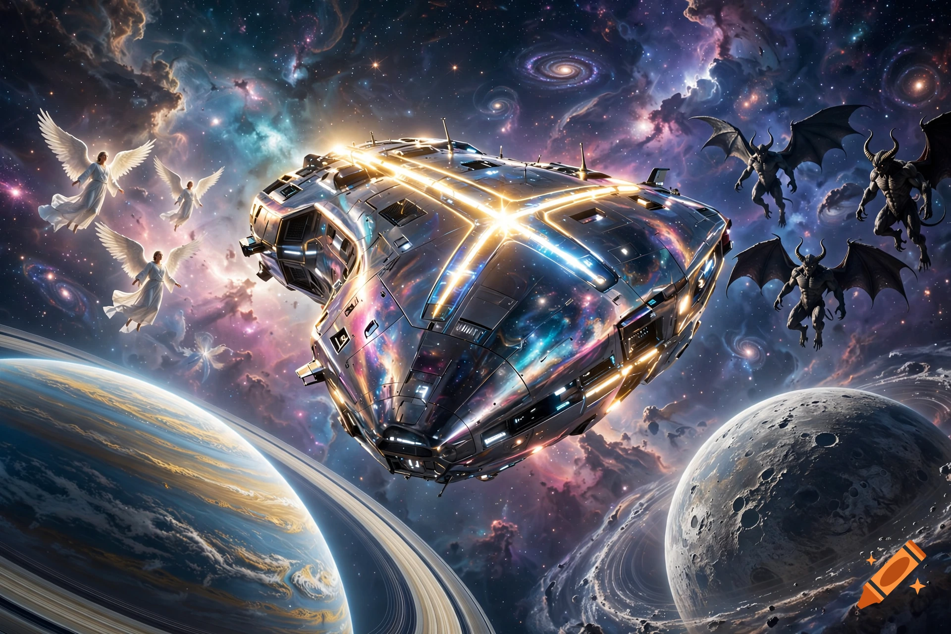 A glowing spaceship flies through a cosmic galaxy surrounded by planets, angels, and demons, digital art style.