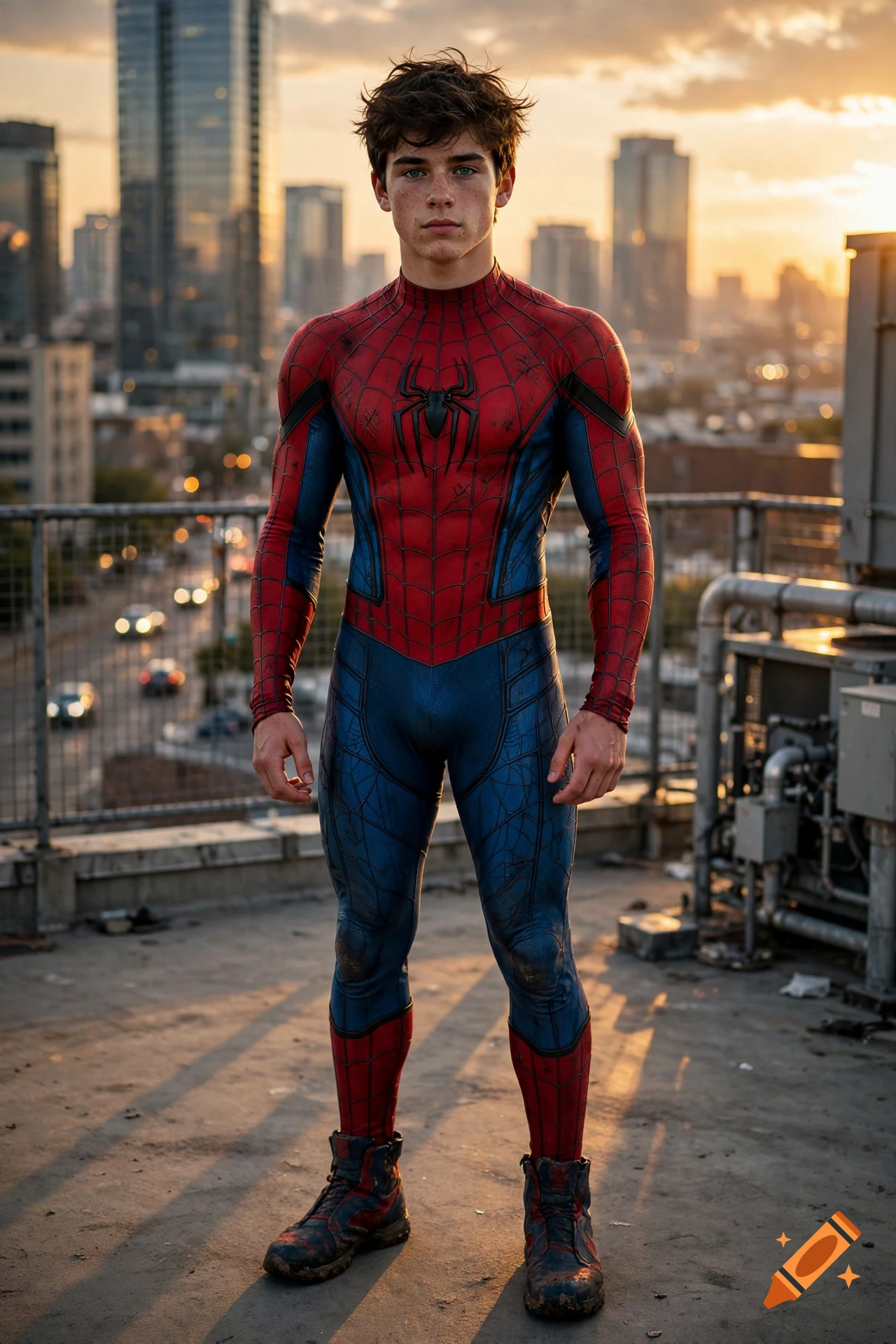 Photorealistic image of a young male Spider-Man standing on a rooftop overlooking a city skyline at sunset.