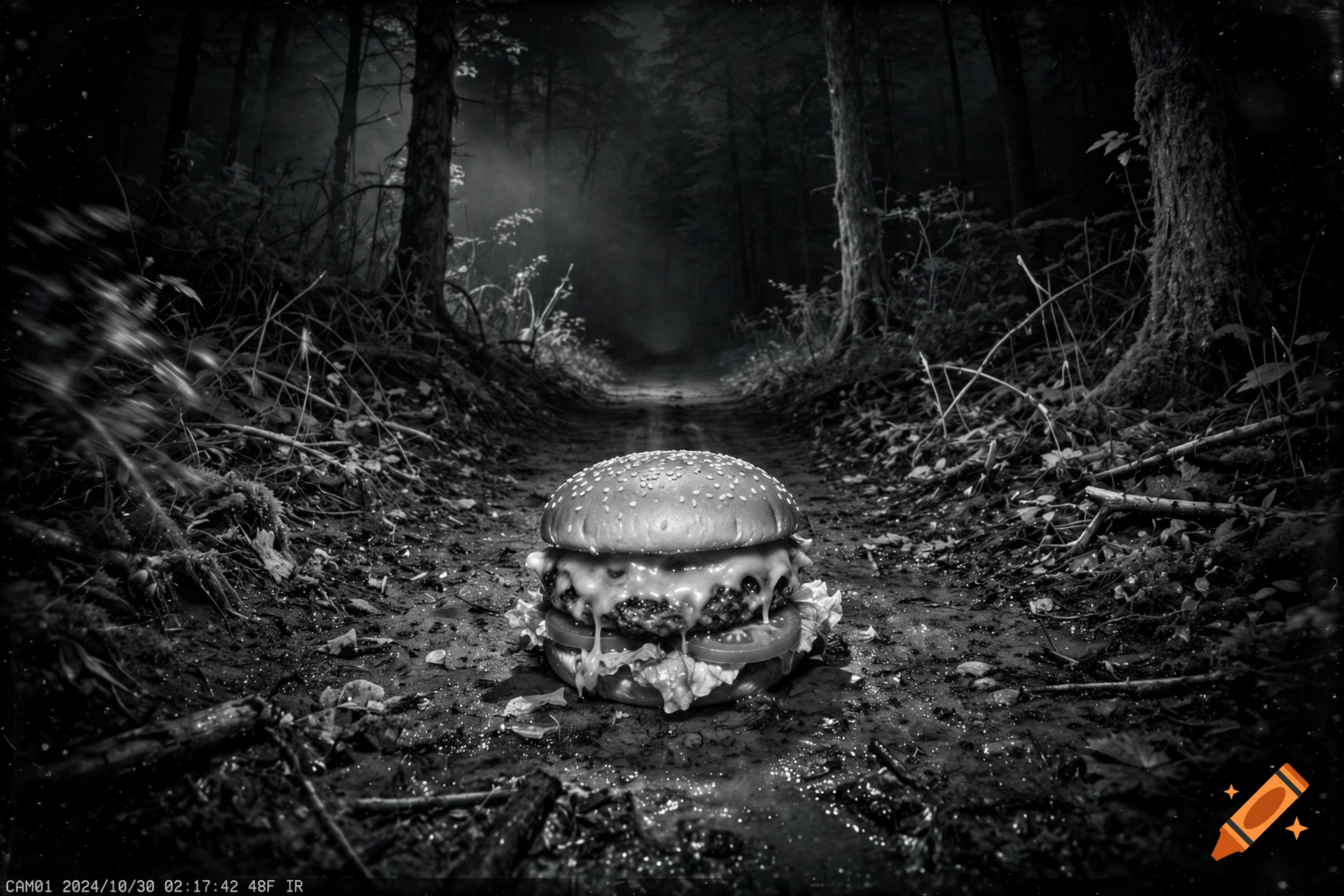 Black and white night vision trailcam photo of a single cheeseburger on a dirt path in a dark forest.