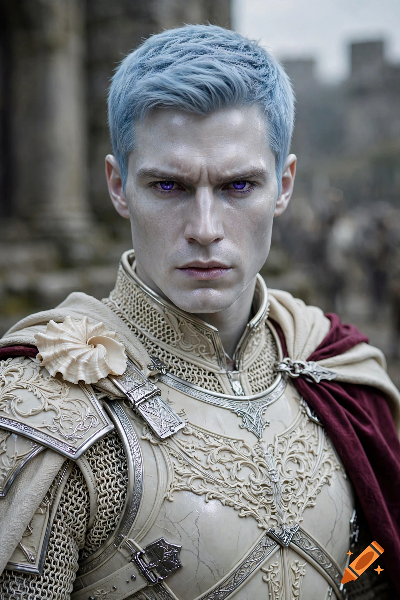 Photorealistic portrait of a male fantasy character with pale pearly skin, purple eyes, short light blue hair, and ornate cream armor with silver accents and a burgundy-lined cape.