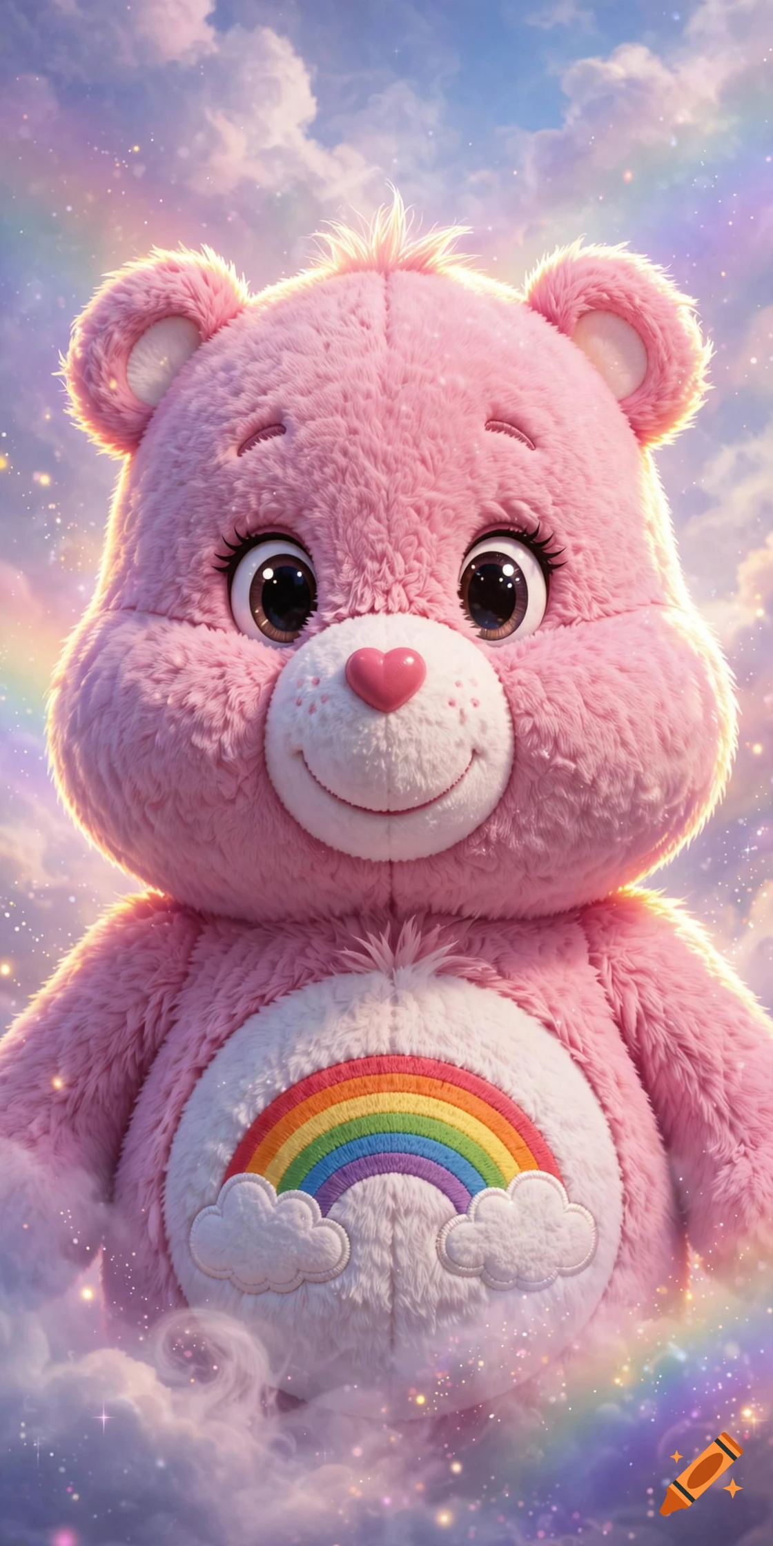 Close-up of a pink Care Bear with a rainbow belly badge against a cloudy sky background.