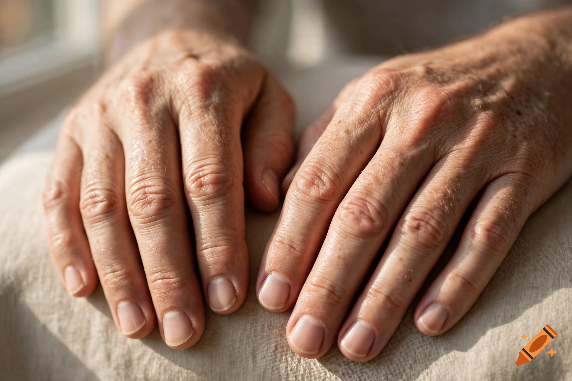 Close-up photorealistic image of two human hands resting on a surface.