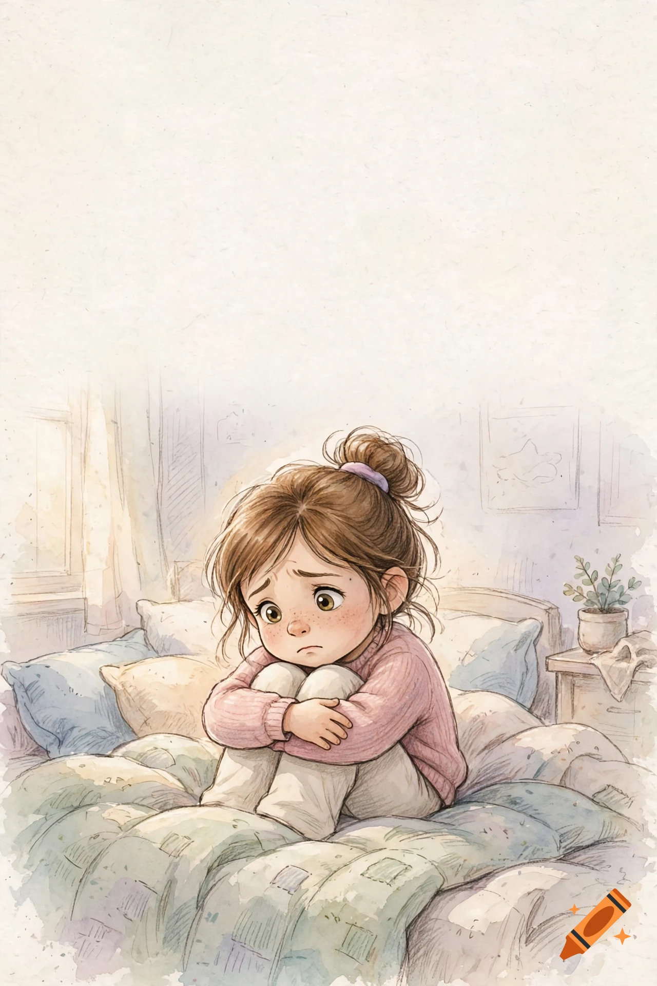 Watercolor illustration of a sad 7-year-old girl sitting on her bed hugging her knees, with negative space at the top.