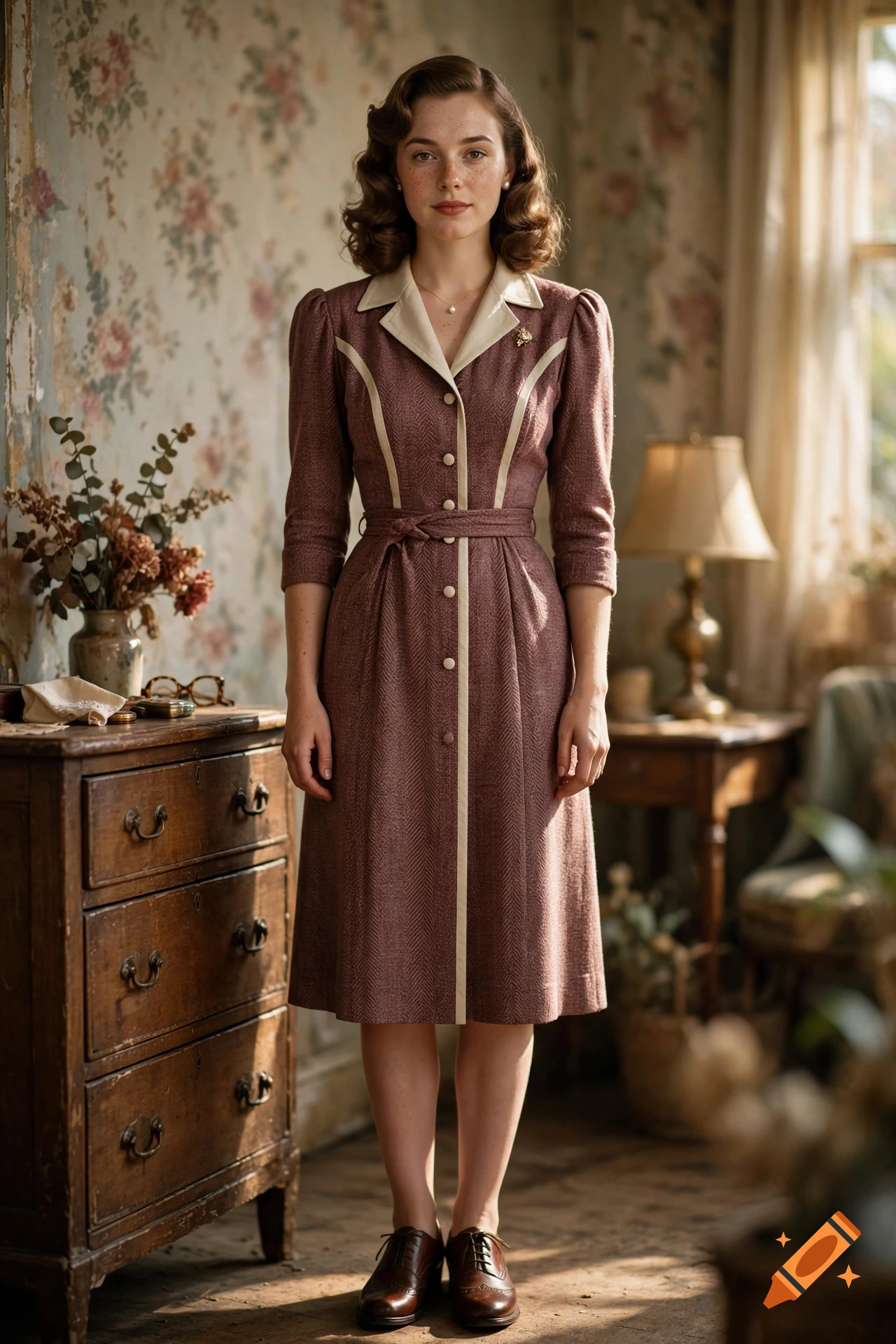 Full-length photorealistic portrait of a young woman with wavy brown hair and freckles, wearing a vintage 1940s brown dress.