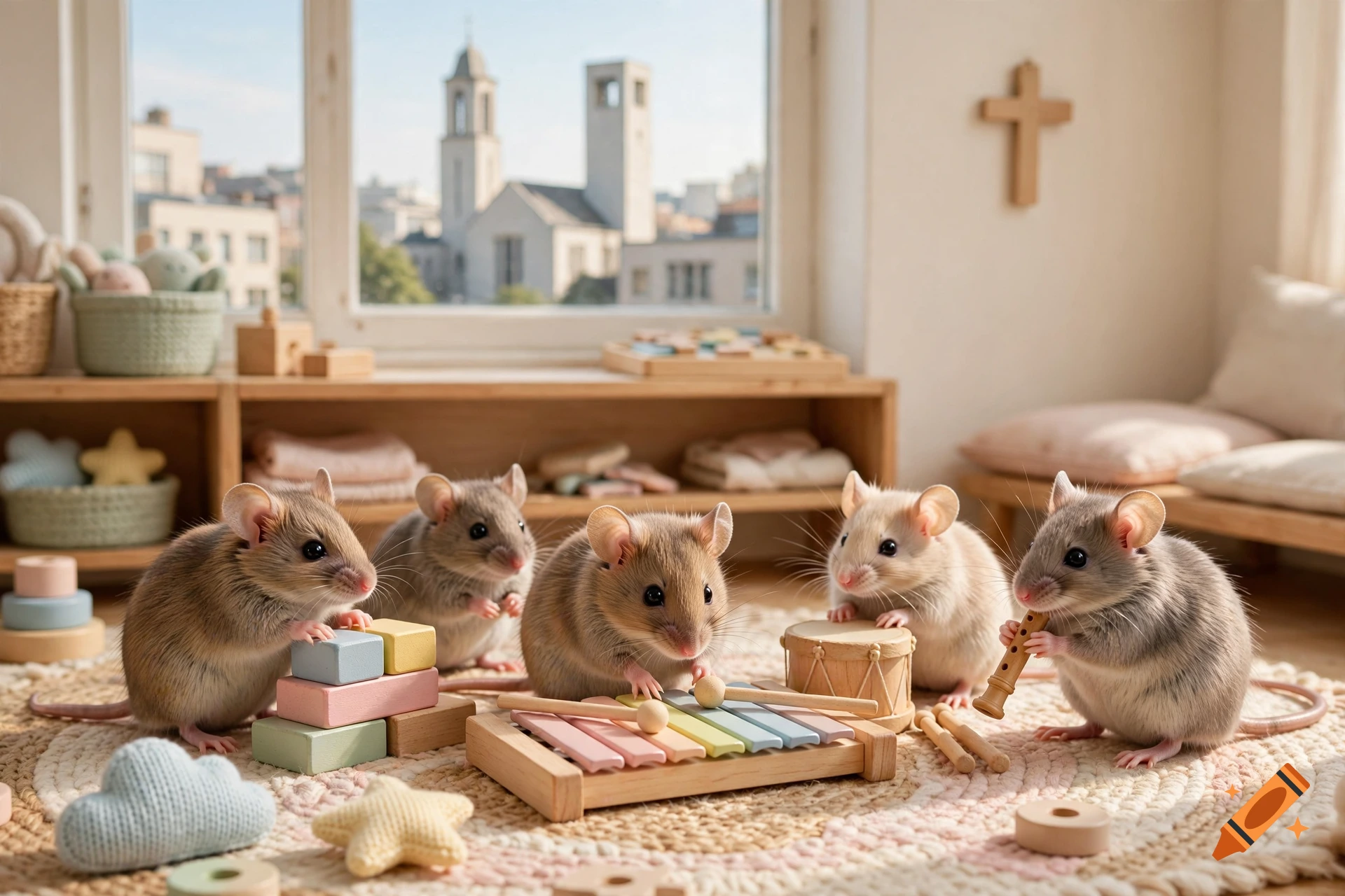 Five cute, child-friendly mice playing with wooden toys and instruments in a sunny playroom.