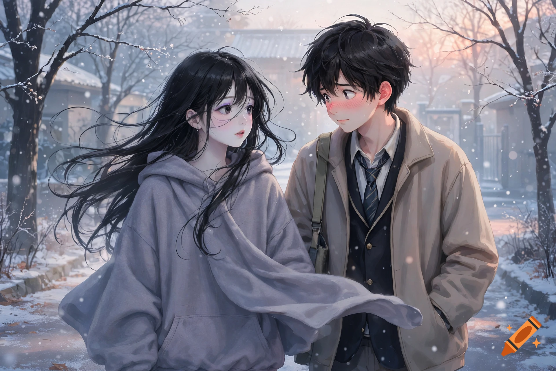 Anime style illustration of a blushing high school boy and a girl with long black hair walking outdoors in a snowy Japanese village.
