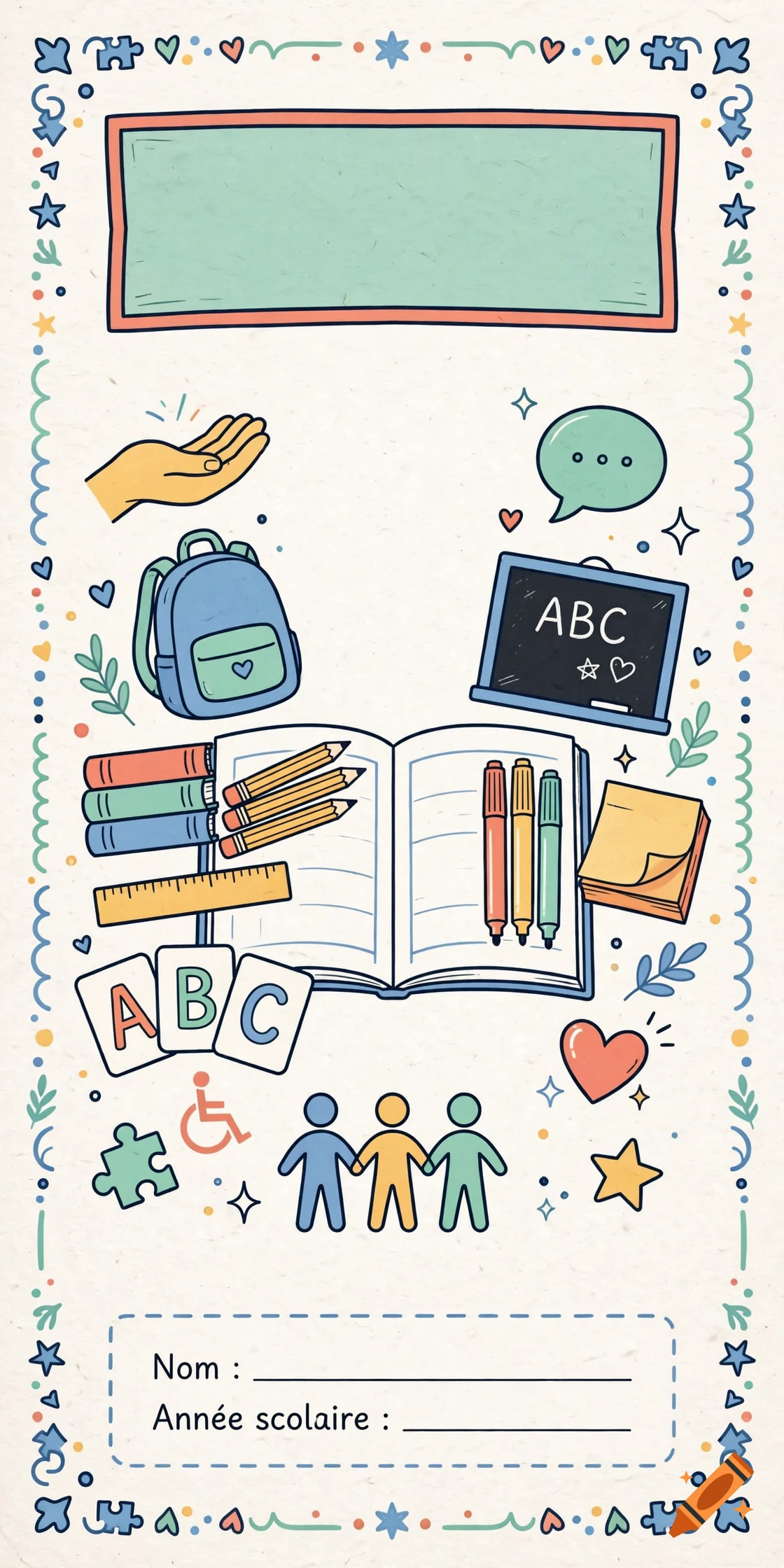 Hand-drawn style school notebook cover design featuring ABC flashcards, pencils, a backpack, rulers, and a planner with French text.