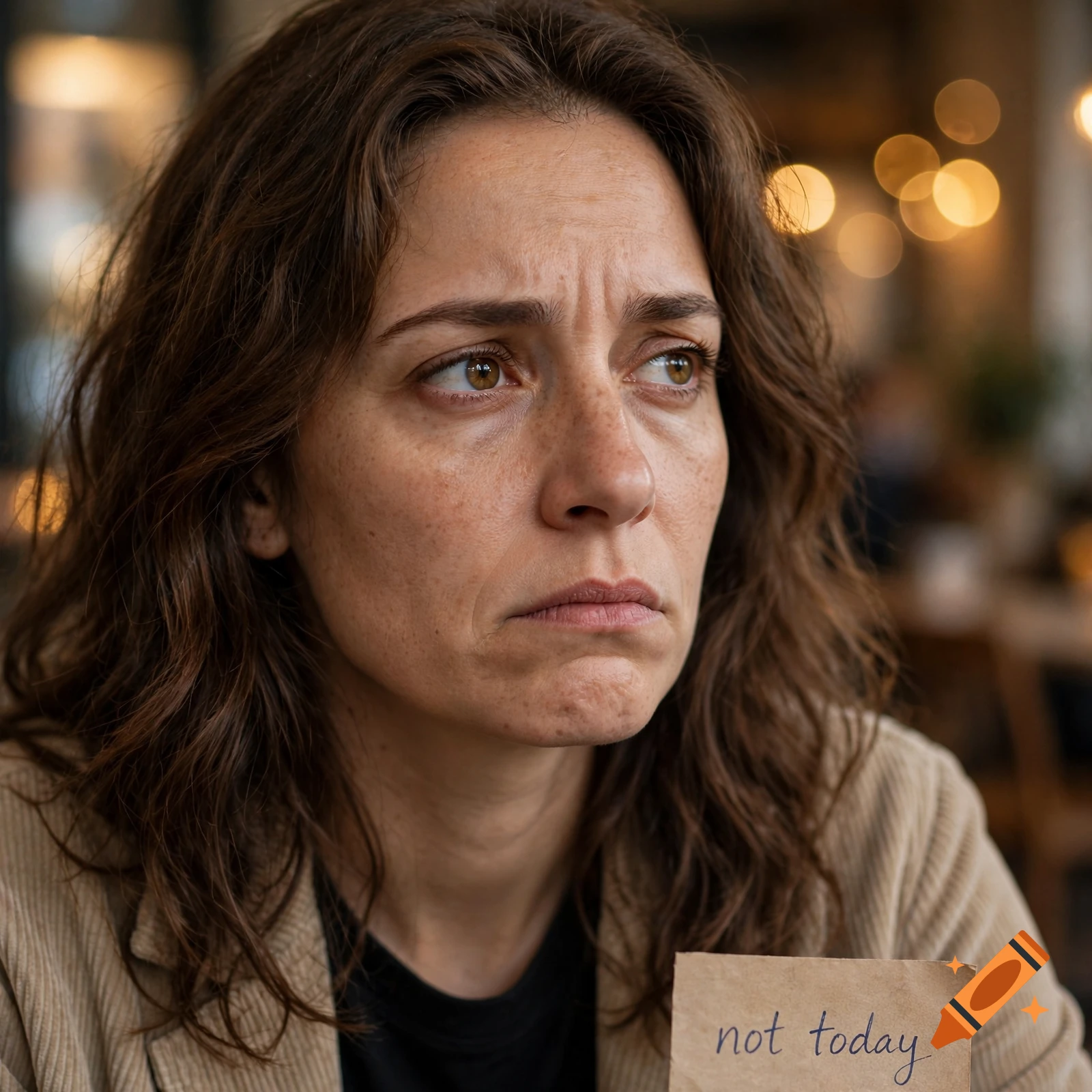 Close-up photorealistic portrait of a woman with brown curly hair looking disappointed, holding a small paper note that says 'not today'.