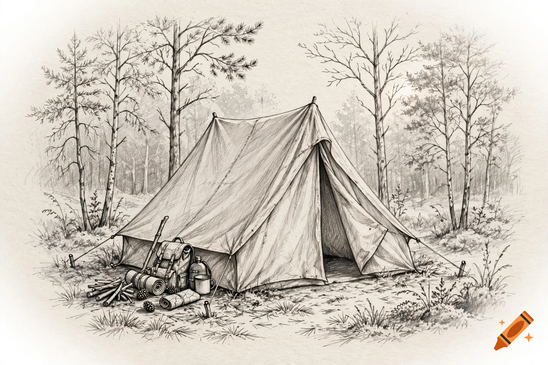 Pencil sketch vignette of a scout tent set up in a sparse forest with camping gear in the foreground.