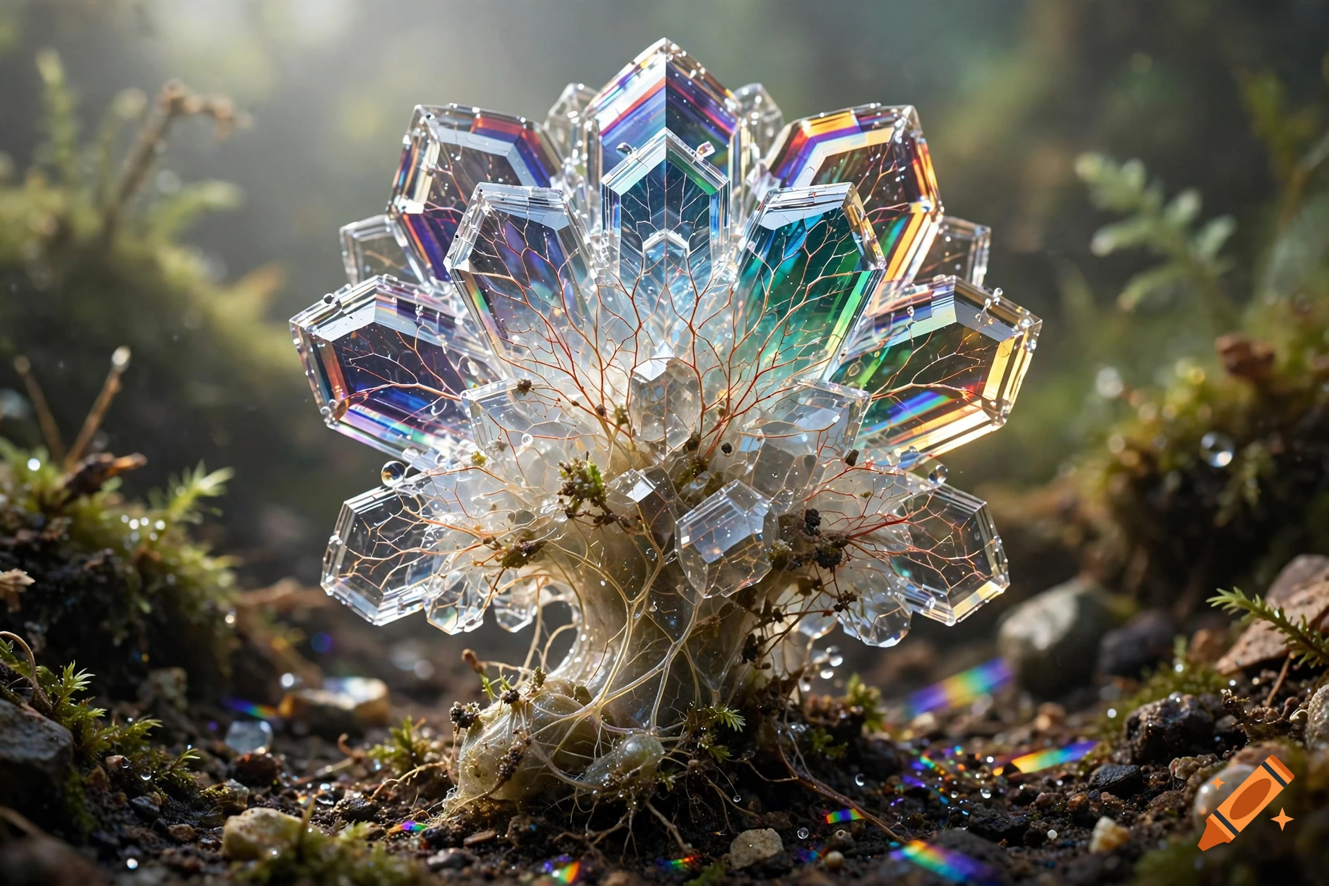 Close-up photorealistic image of a glowing, intricate crystalline structure resembling a flower growing in mossy soil.