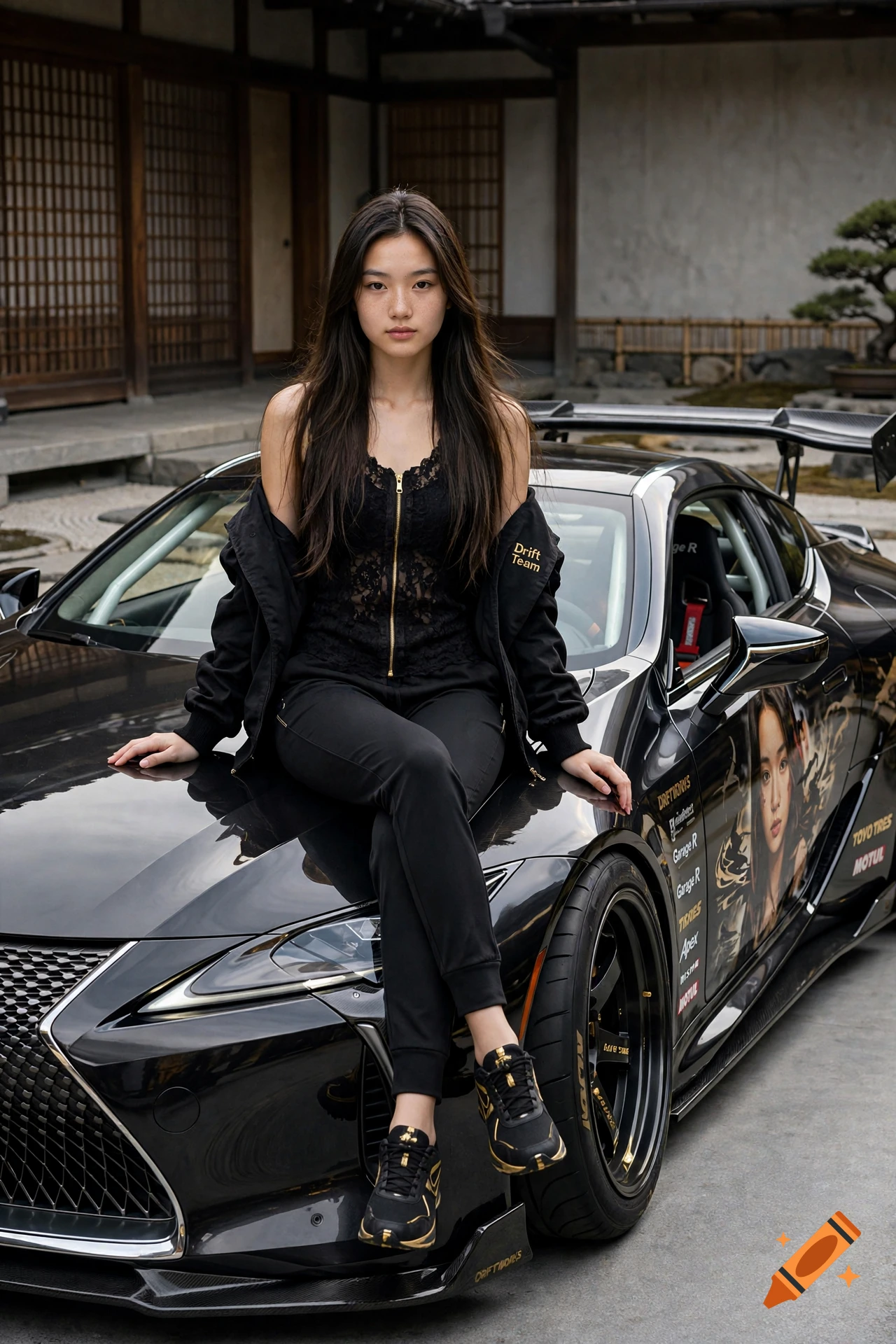 Photorealistic full-body portrait of a 19-year-old woman sitting on the hood of a black Lexus LC500 in a Japanese courtyard.