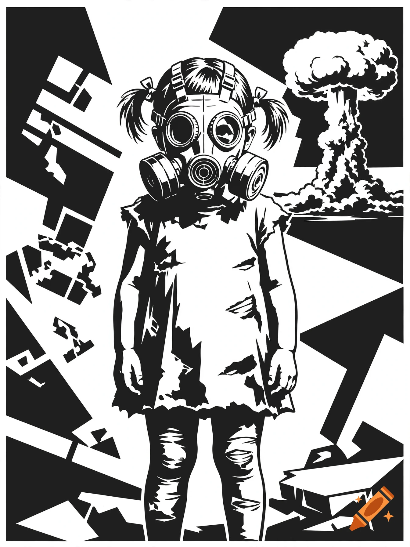 High contrast black and white stencil art of a young girl wearing a gas mask with an atomic mushroom cloud in the background.