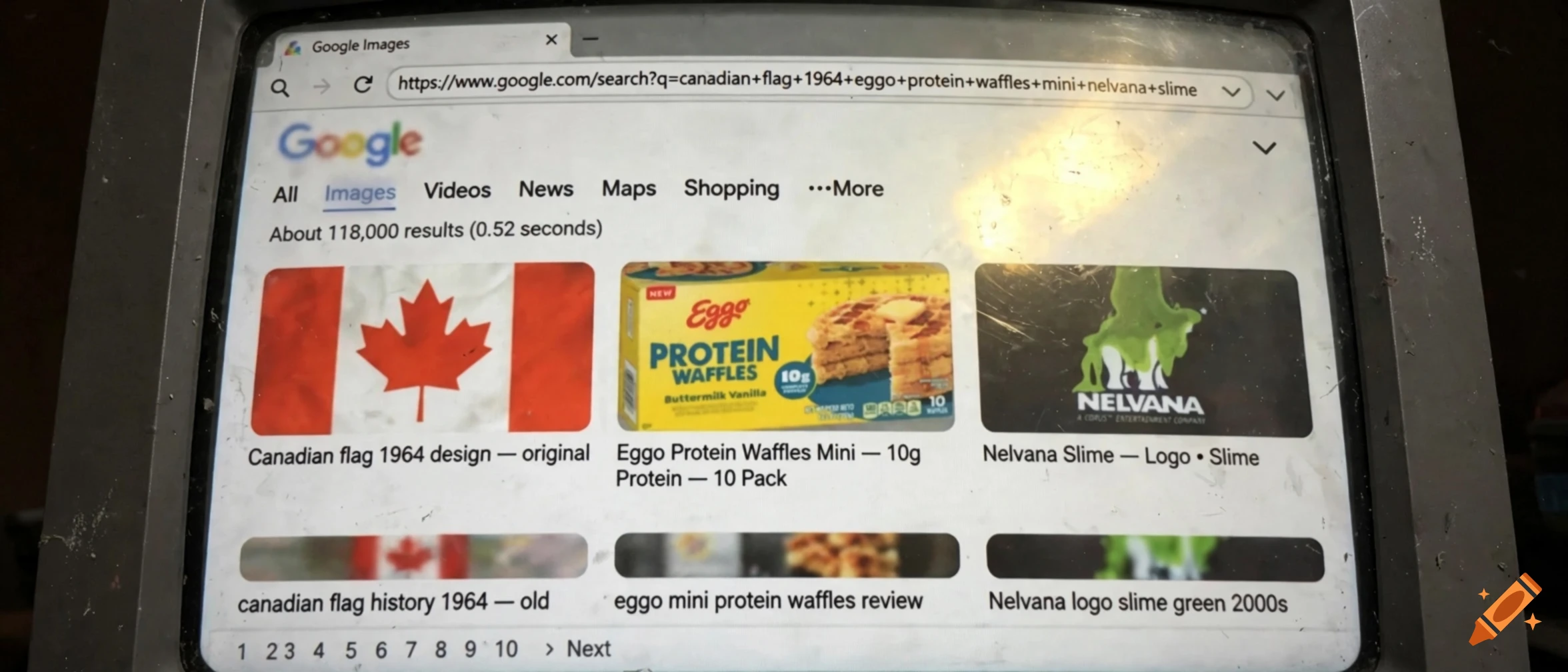 A photograph of a computer screen displaying a Google Images search results page with Canadian flag, Eggo waffles, and Nelvana slime.