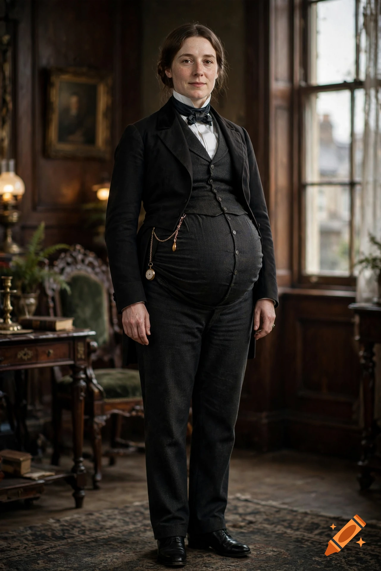 Photorealistic portrait of a person in 19th-century gentleman's attire with a protruding belly, standing in a vintage room.