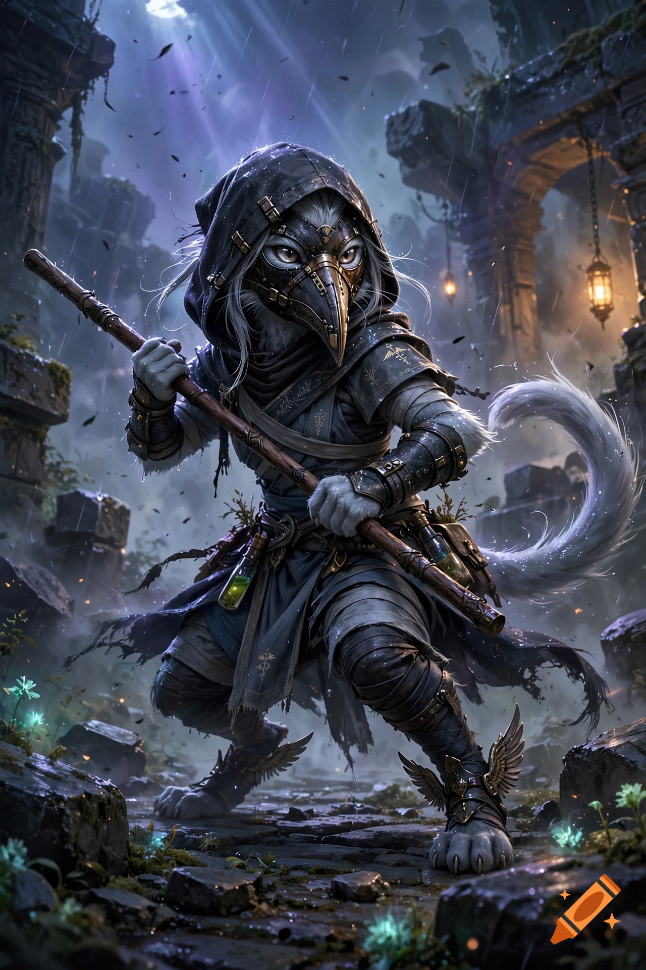 Fantasy digital art of a small Tabaxi monk wearing a plague doctor mask and hood, holding a staff in ancient ruins.